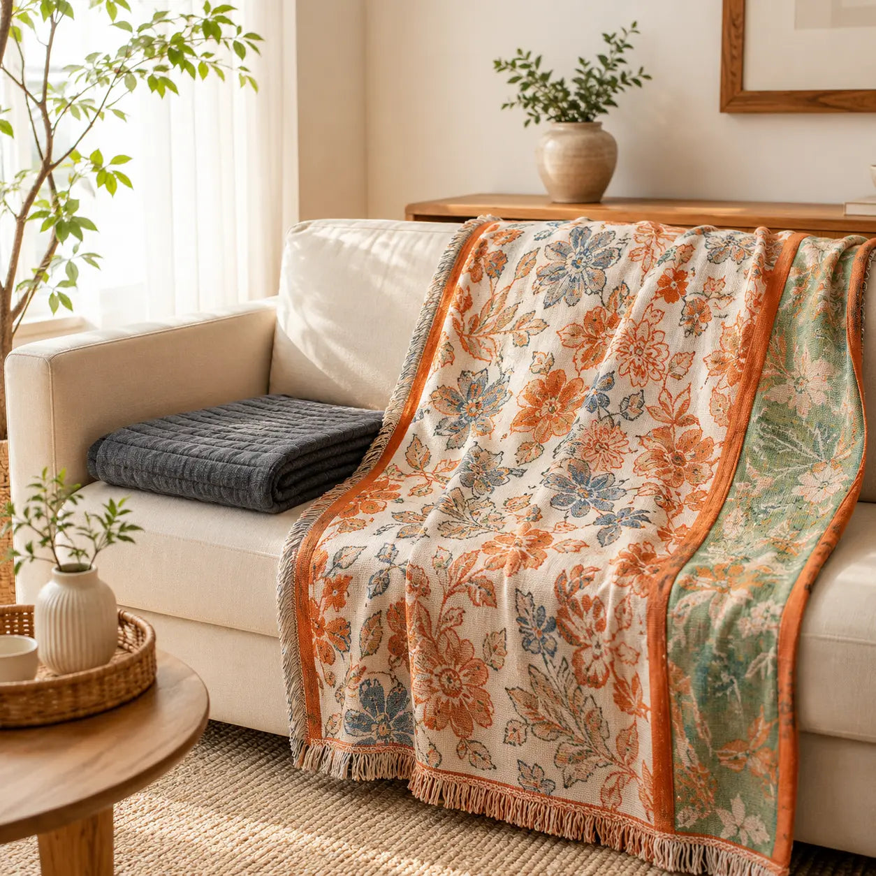 Cozy living room with floral throw