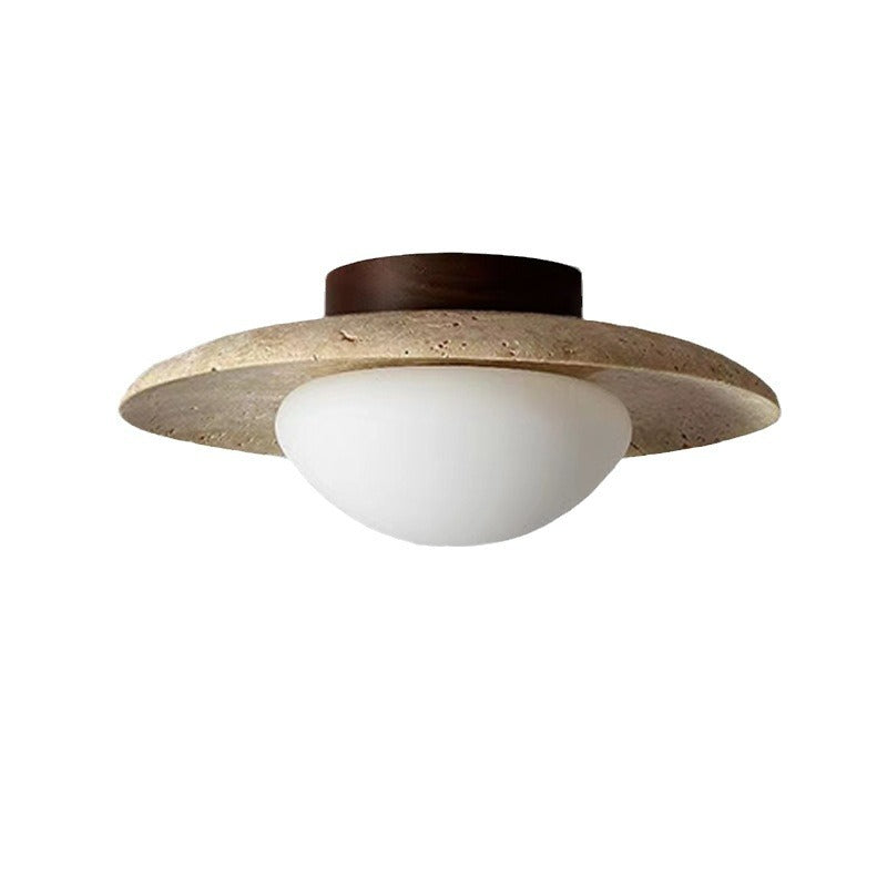 Round Travertine Ceiling Light with Wood Base