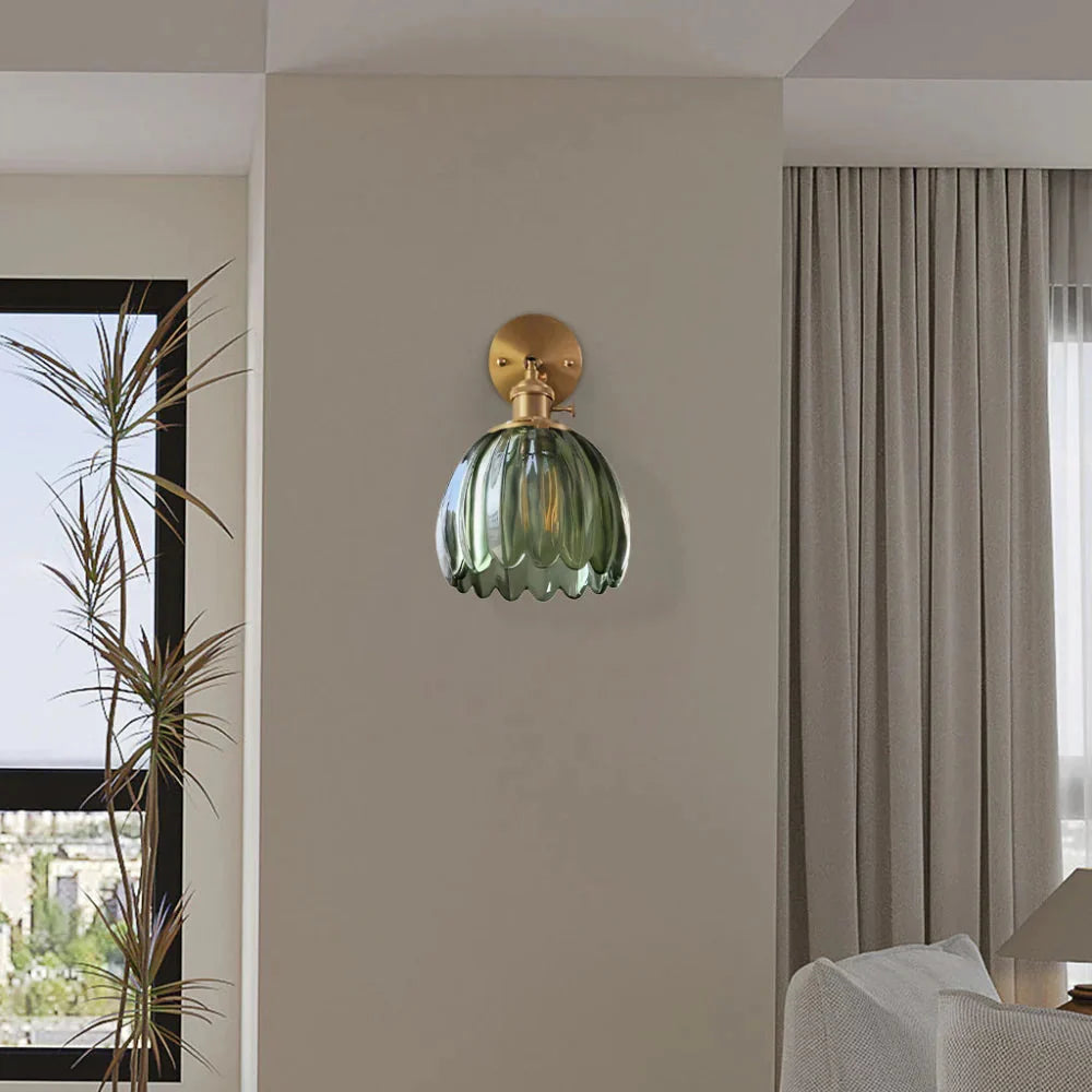 Vintage Brass Tulip Glass Wall Sconce 1-Light