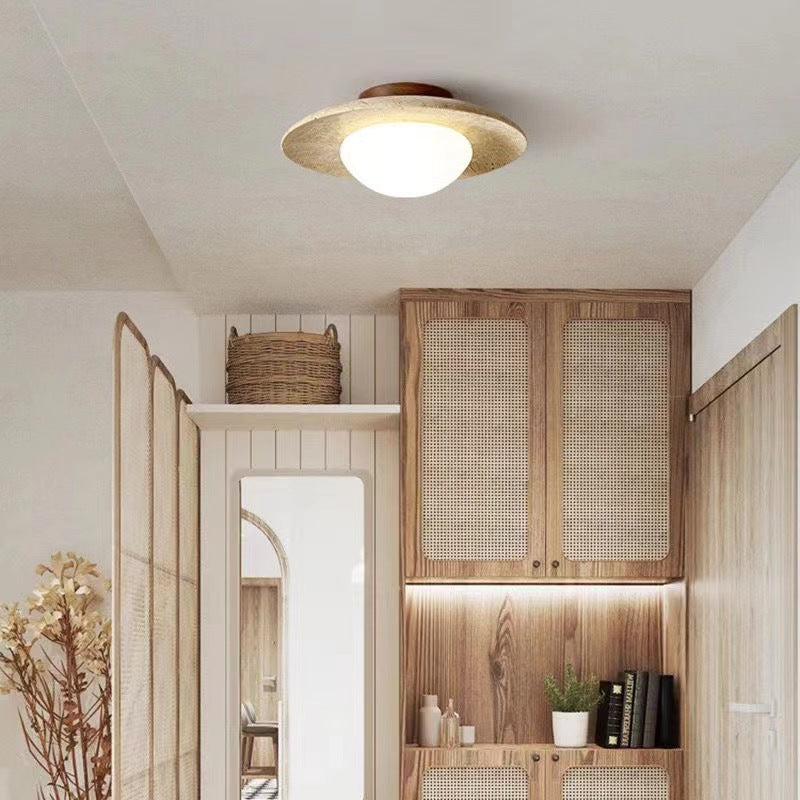 Round Travertine Ceiling Light with Wood Base