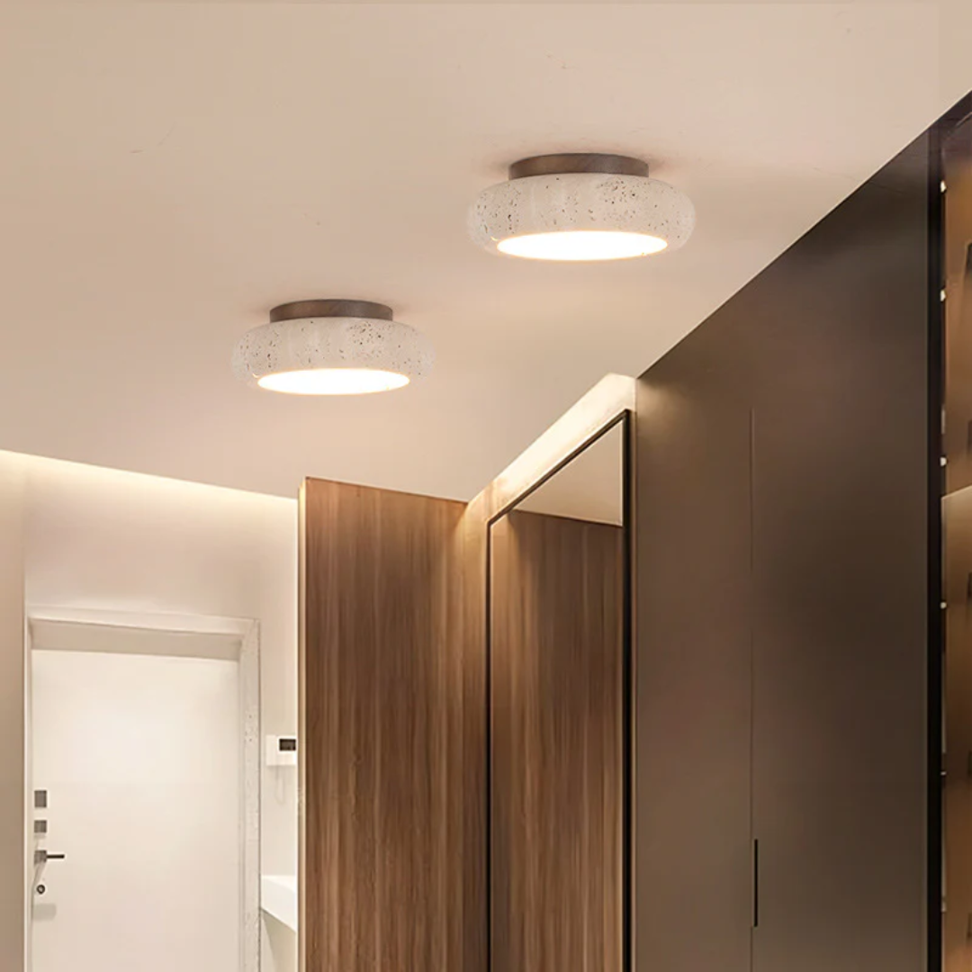 Retro Travertine Ceiling Light with Wood Trim