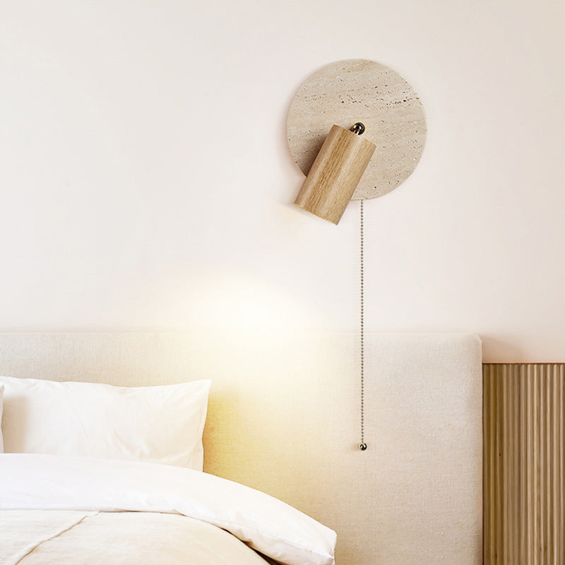 Travertine Wood Wall Sconce with Pull Chain