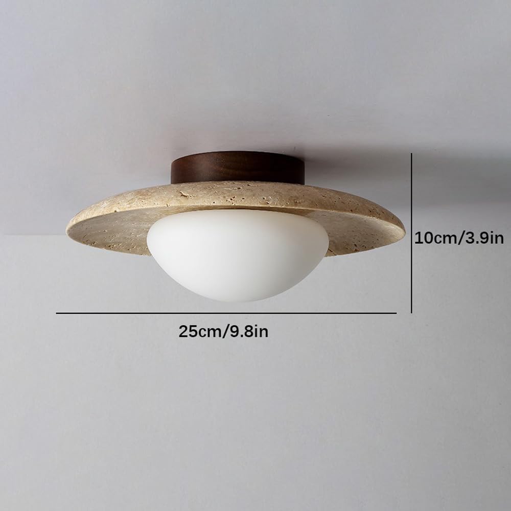 Round Travertine Ceiling Light with Wood Base