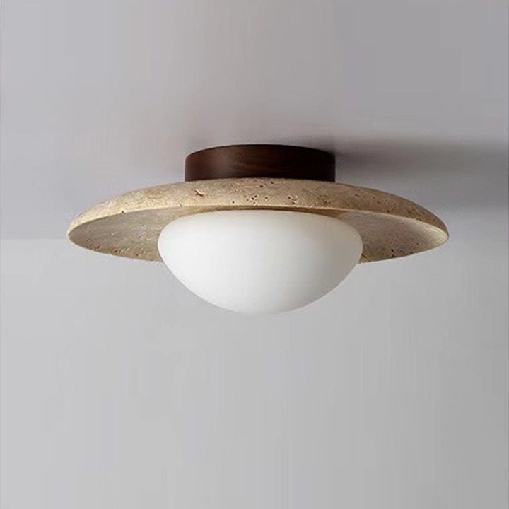 Round Travertine Ceiling Light with Wood Base