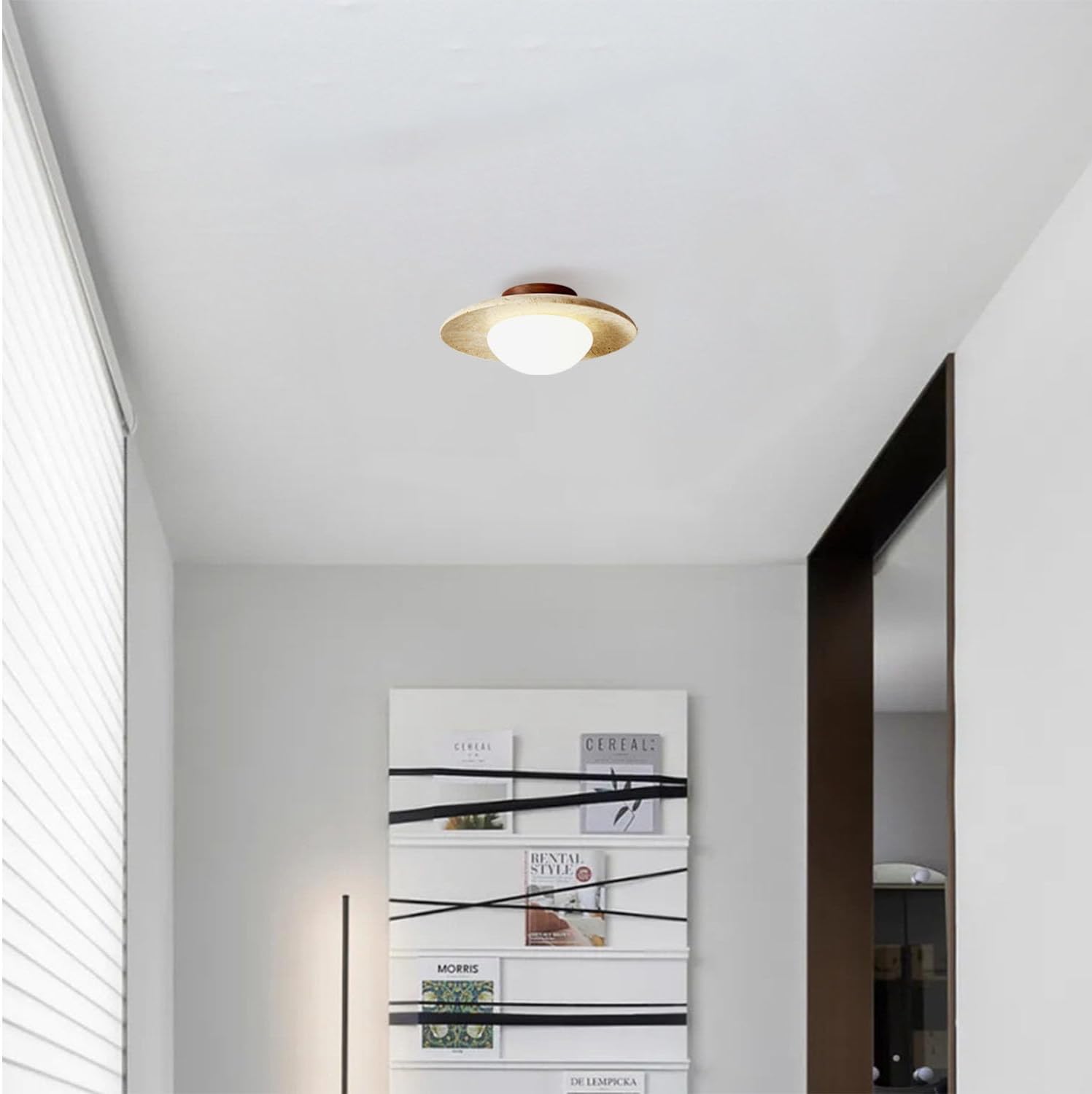 Round Travertine Ceiling Light with Wood Base
