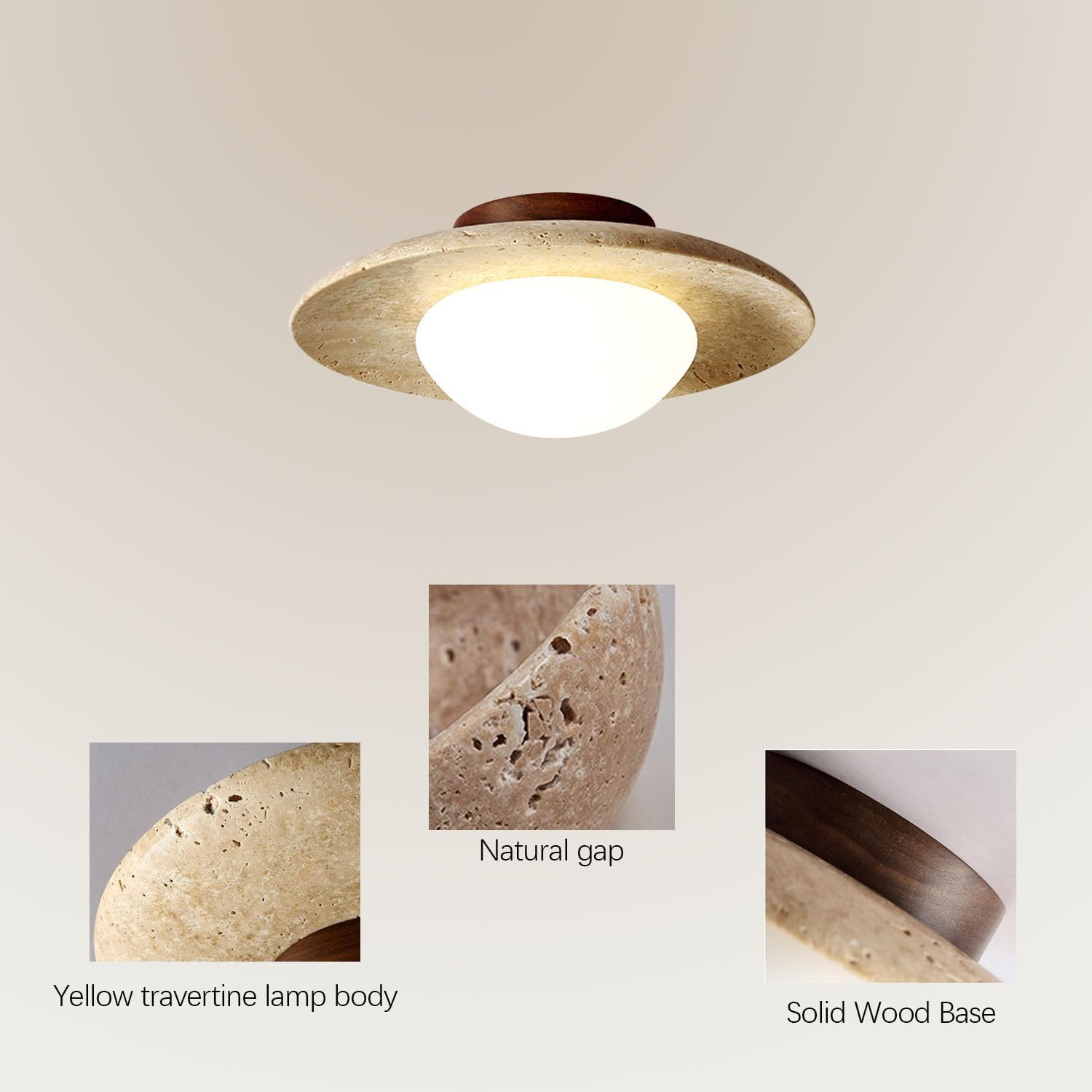 Round Travertine Ceiling Light with Wood Base