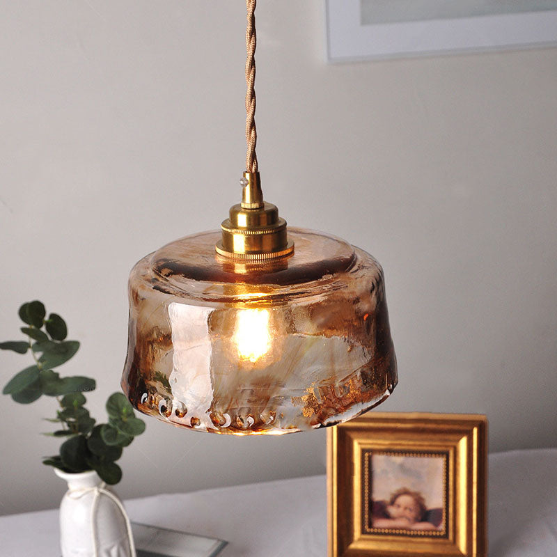 Amber Glass Brass Pendant with Textured Shade