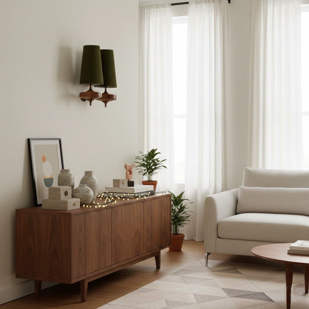 Walnut Double Wall Sconce with Fabric Shades