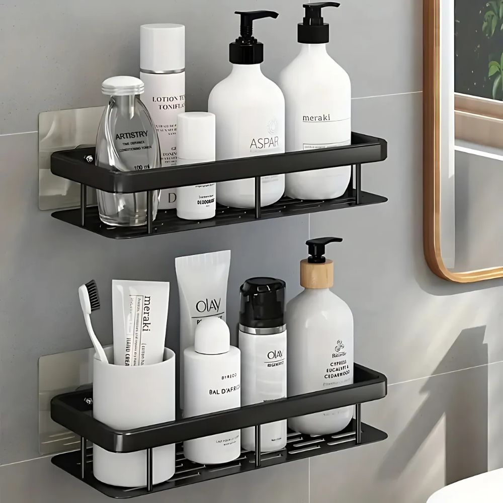 Bathroom shelves with toiletries on a tiled wall