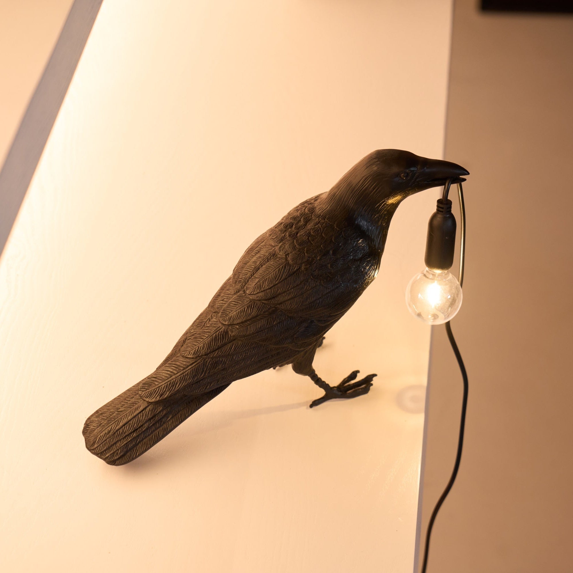 Black Resin Raven Lamp with Hanging LED Bulb