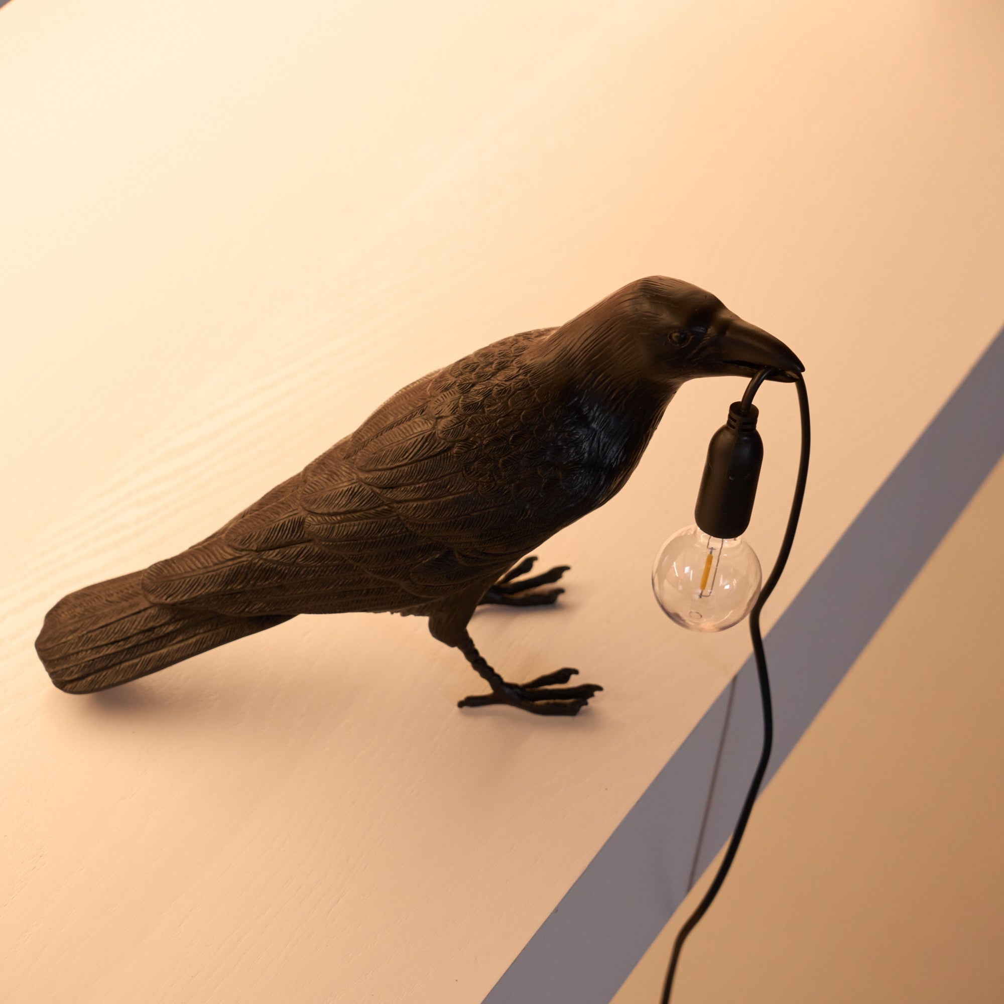 Black Resin Raven Lamp with Hanging LED Bulb