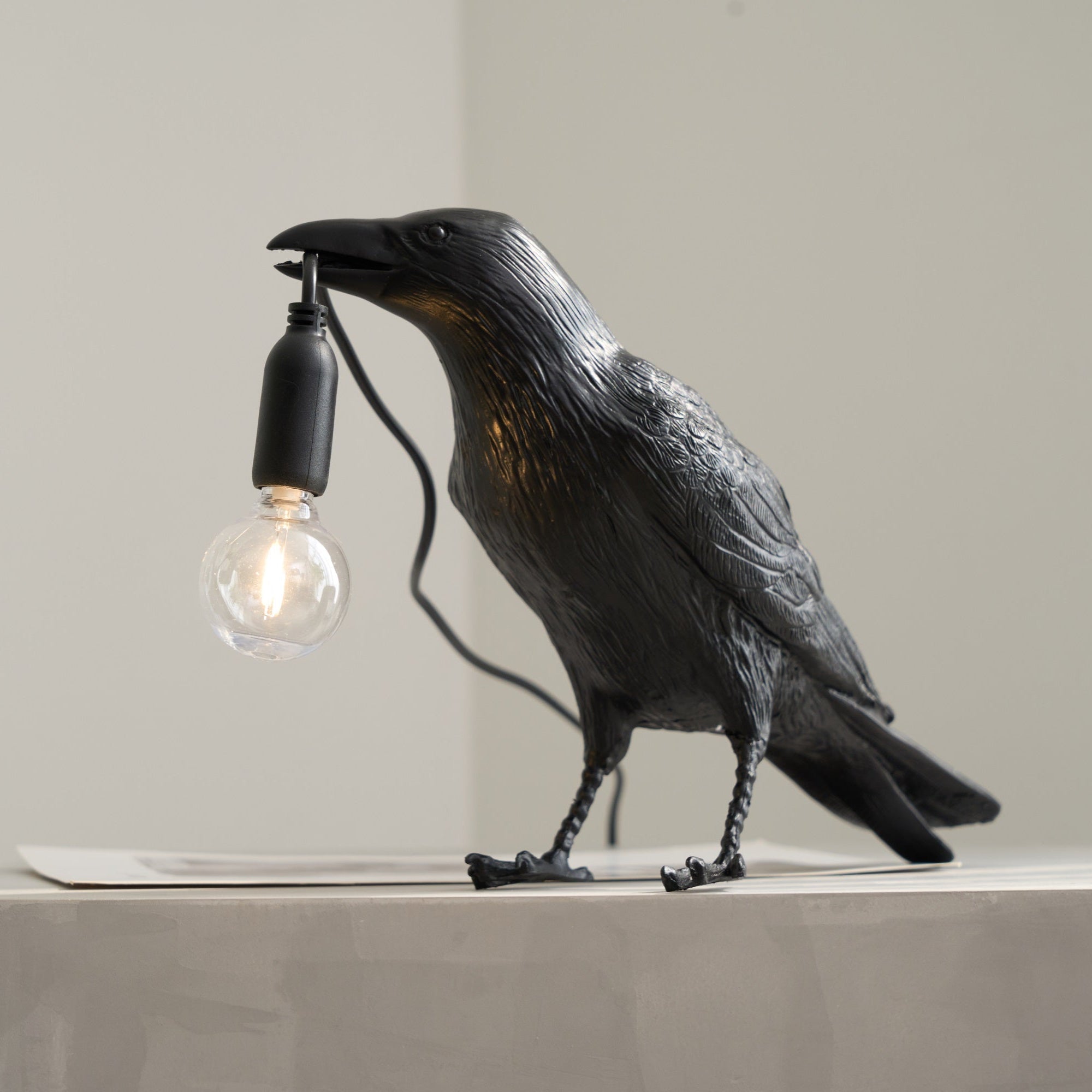 Black Resin Raven Lamp with Hanging LED Bulb