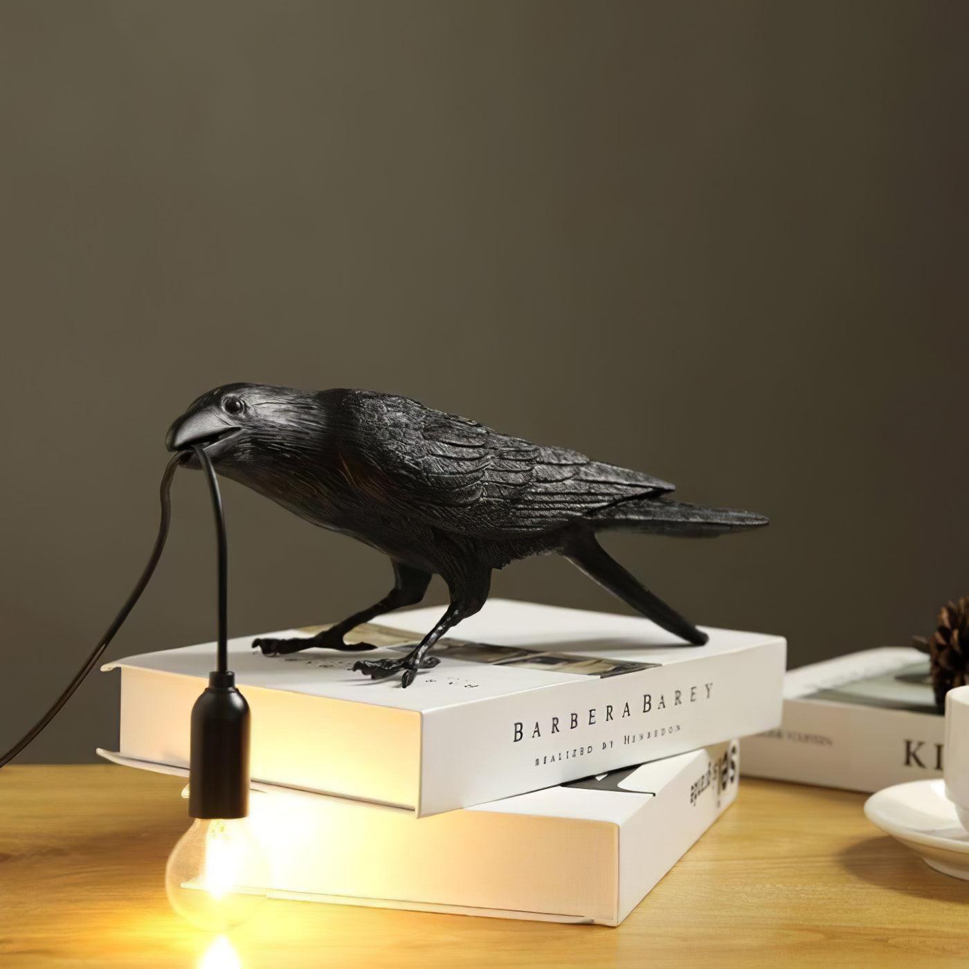 Black Resin Raven Lamp with Hanging LED Bulb
