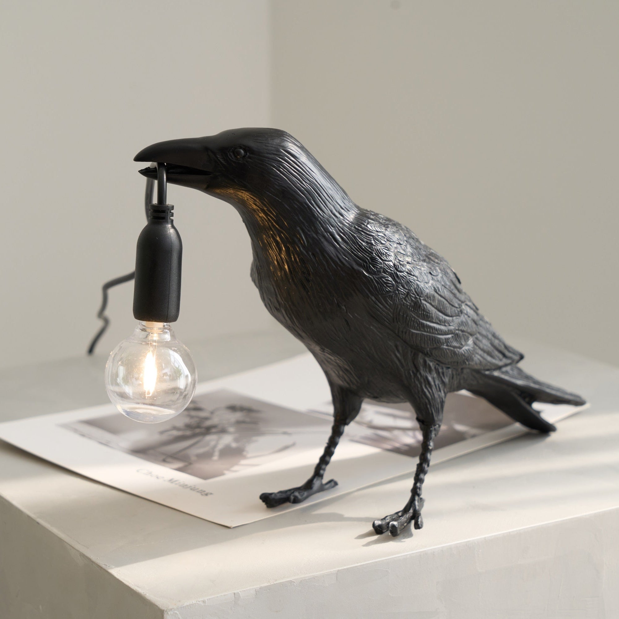 Black Resin Raven Lamp with Hanging LED Bulb