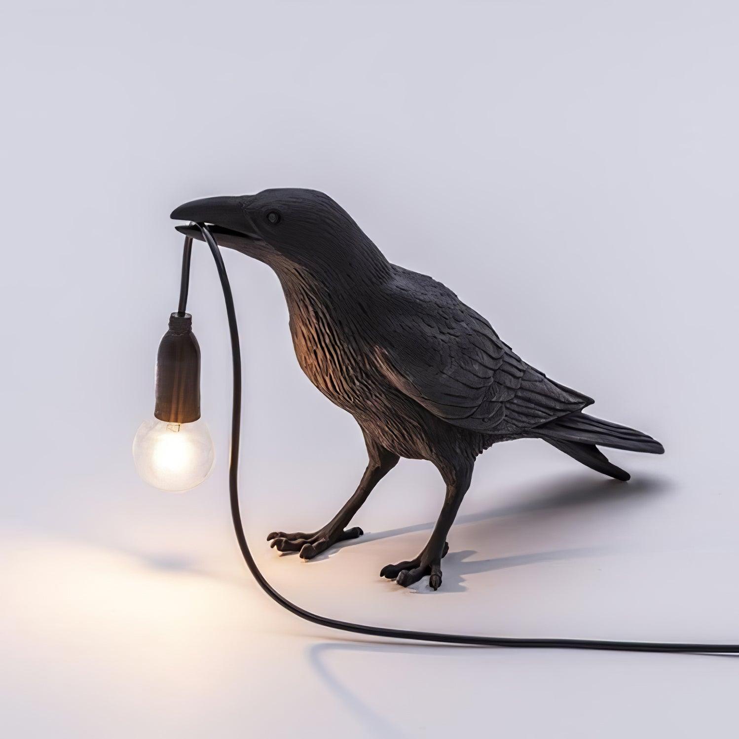 Black Resin Raven Lamp with Hanging LED Bulb