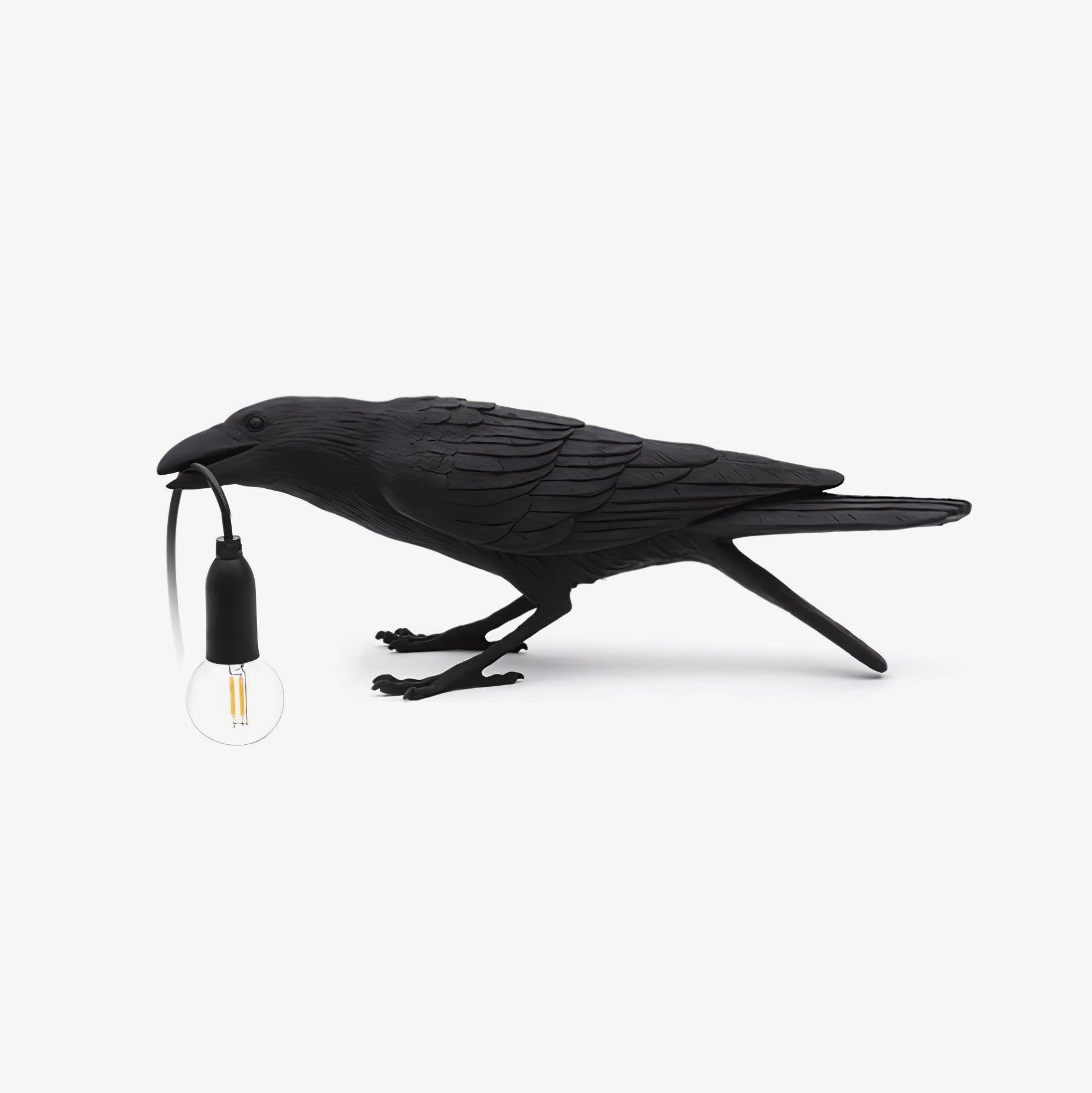 Black Resin Raven Lamp with Hanging LED Bulb