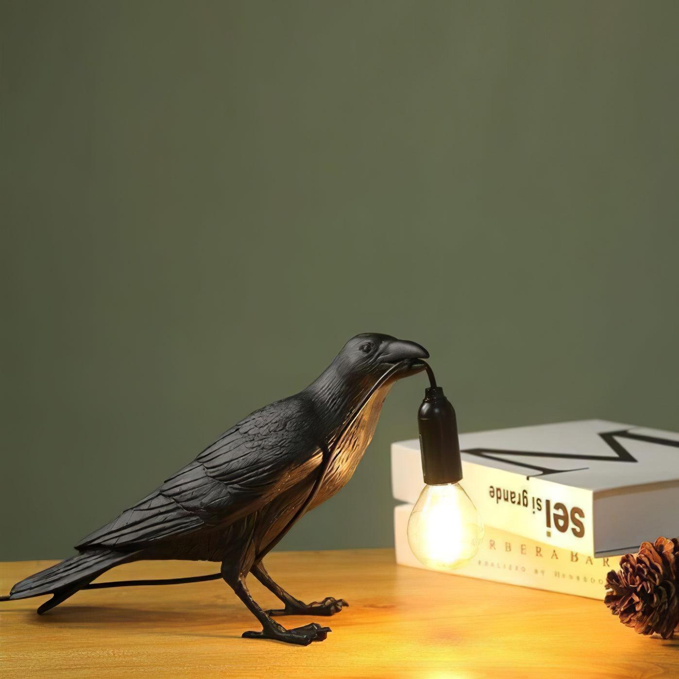 Black Resin Raven Lamp with Hanging LED Bulb