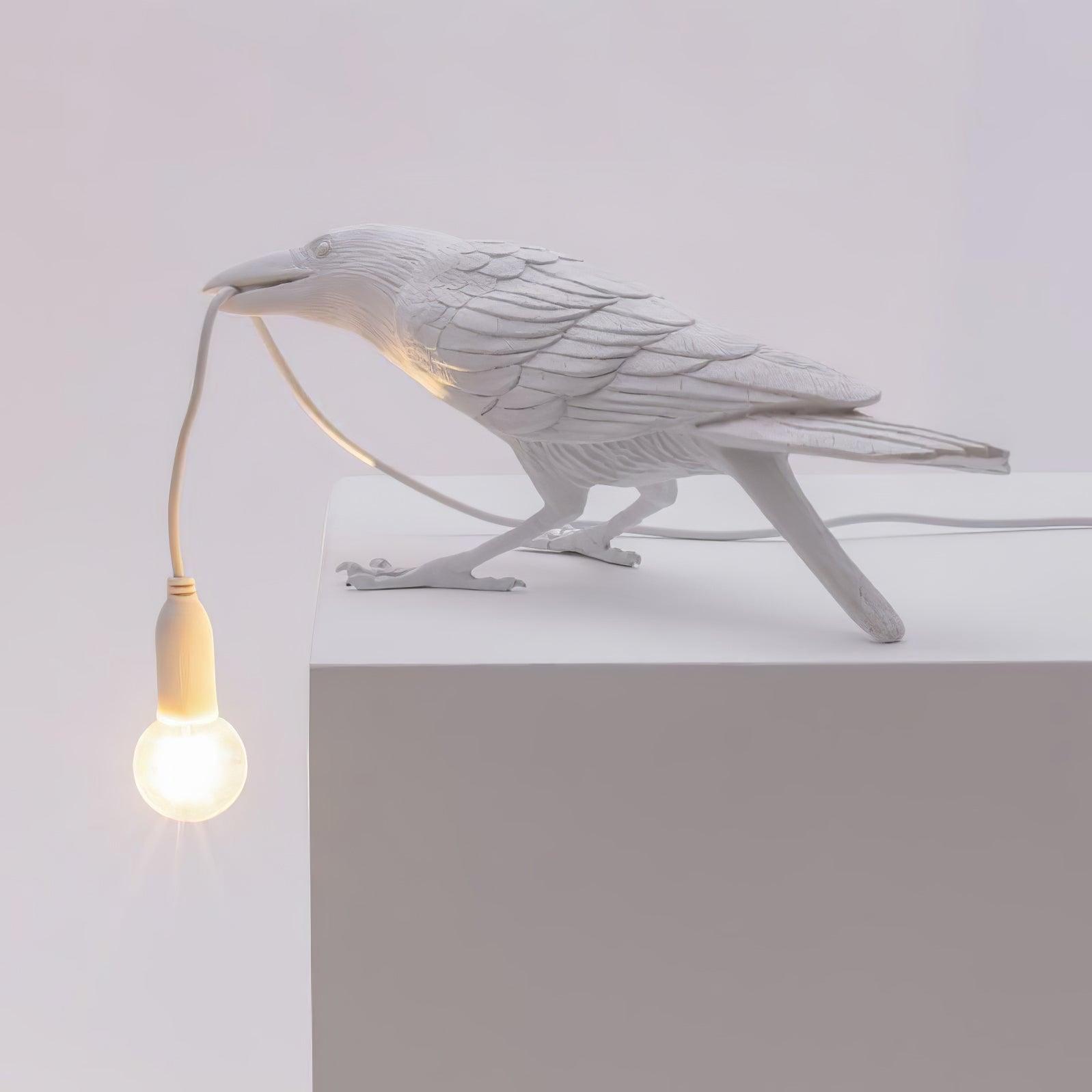 Black Resin Raven Lamp with Hanging LED Bulb
