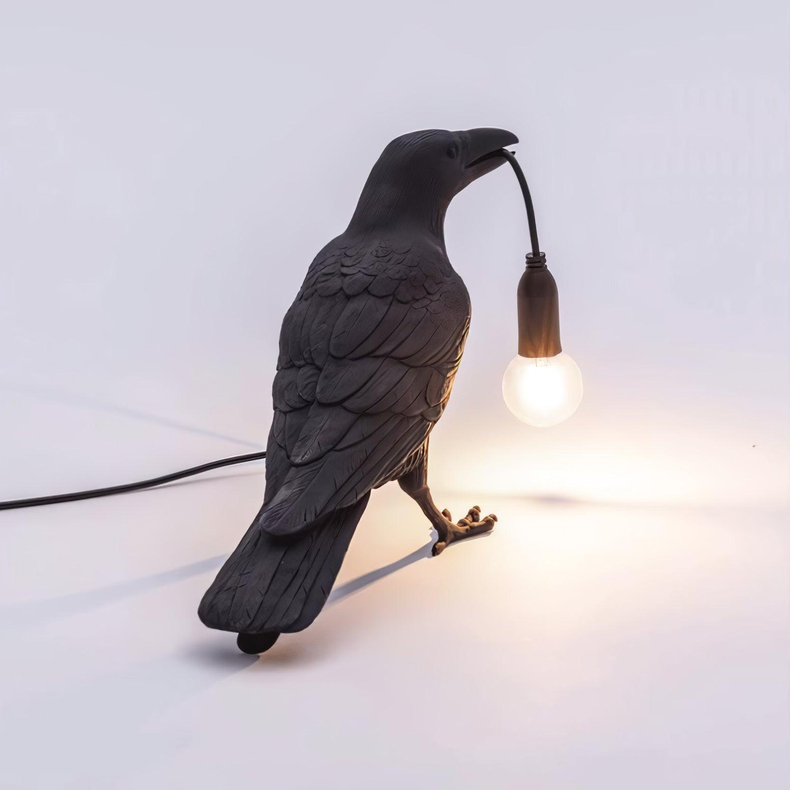 Black Resin Raven Lamp with Hanging LED Bulb