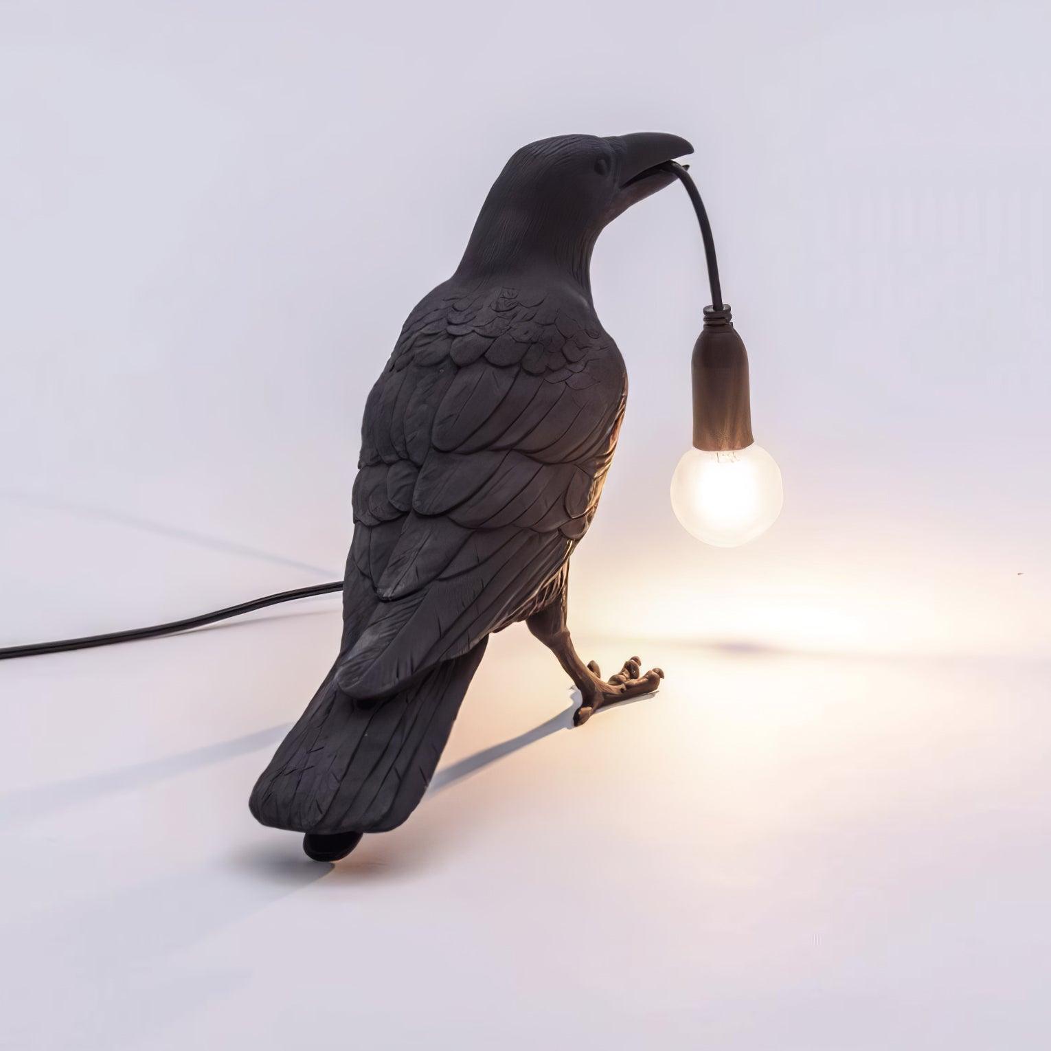 Black Resin Raven Lamp with Hanging LED Bulb