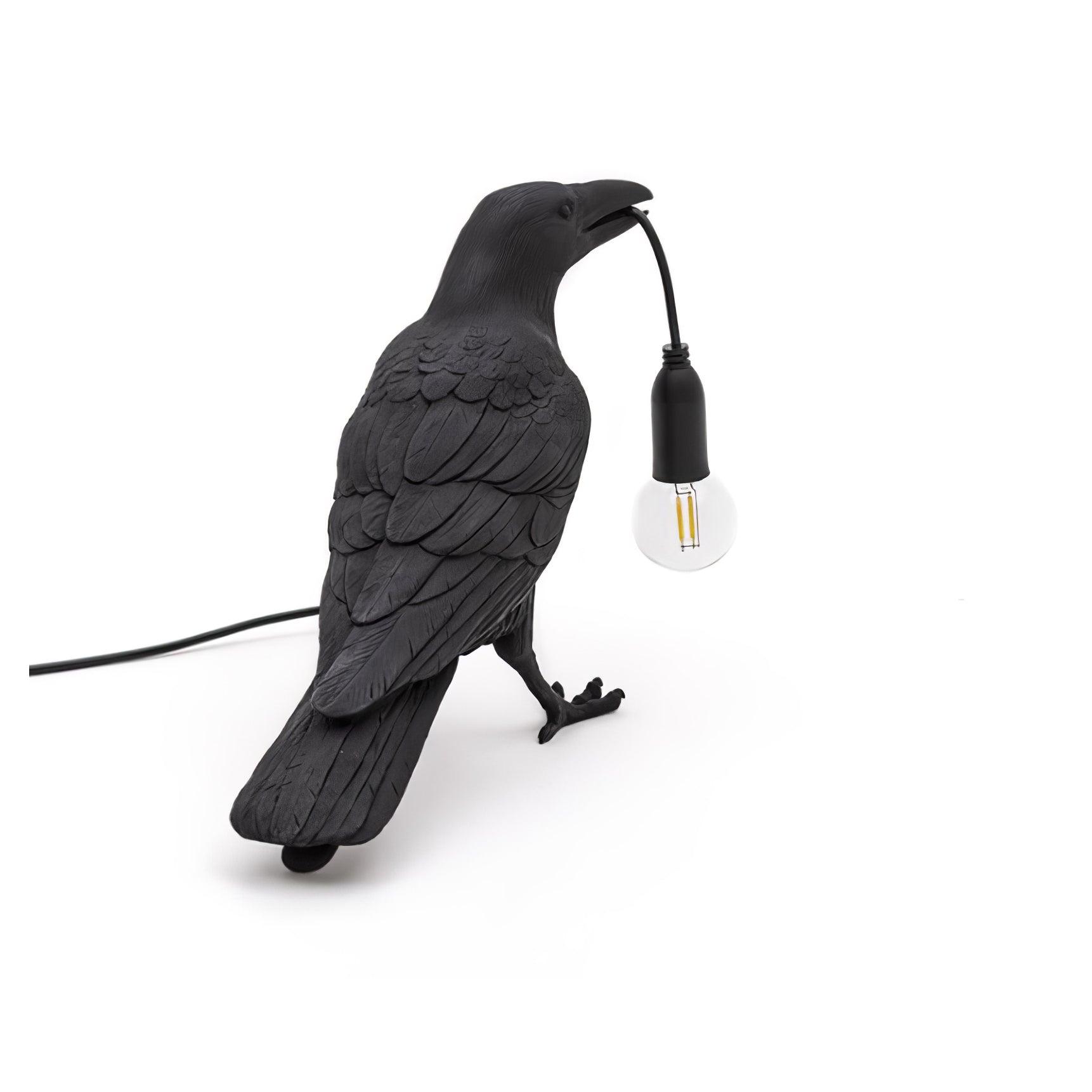 Black Resin Raven Lamp with Hanging LED Bulb