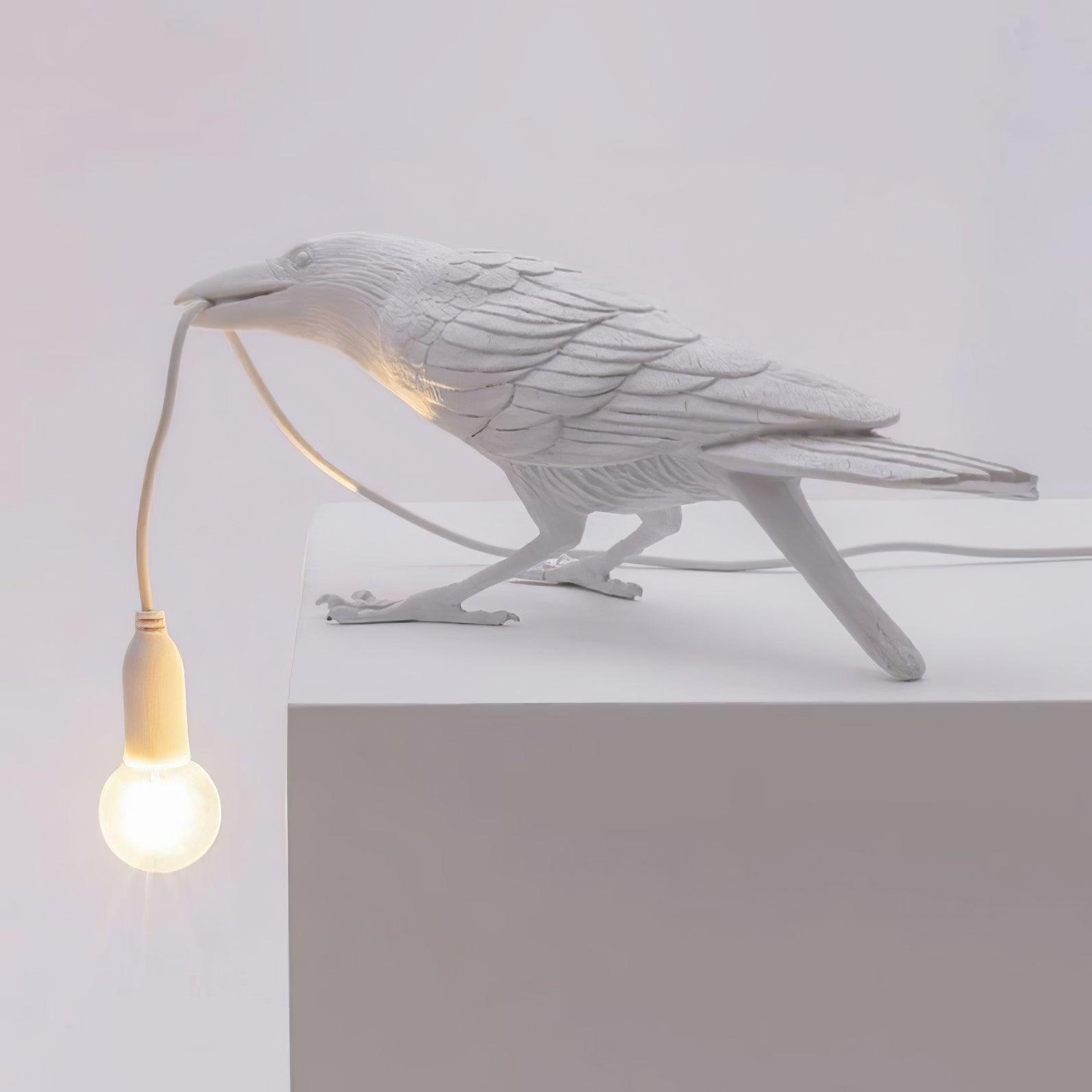 Black Resin Raven Lamp with Hanging LED Bulb