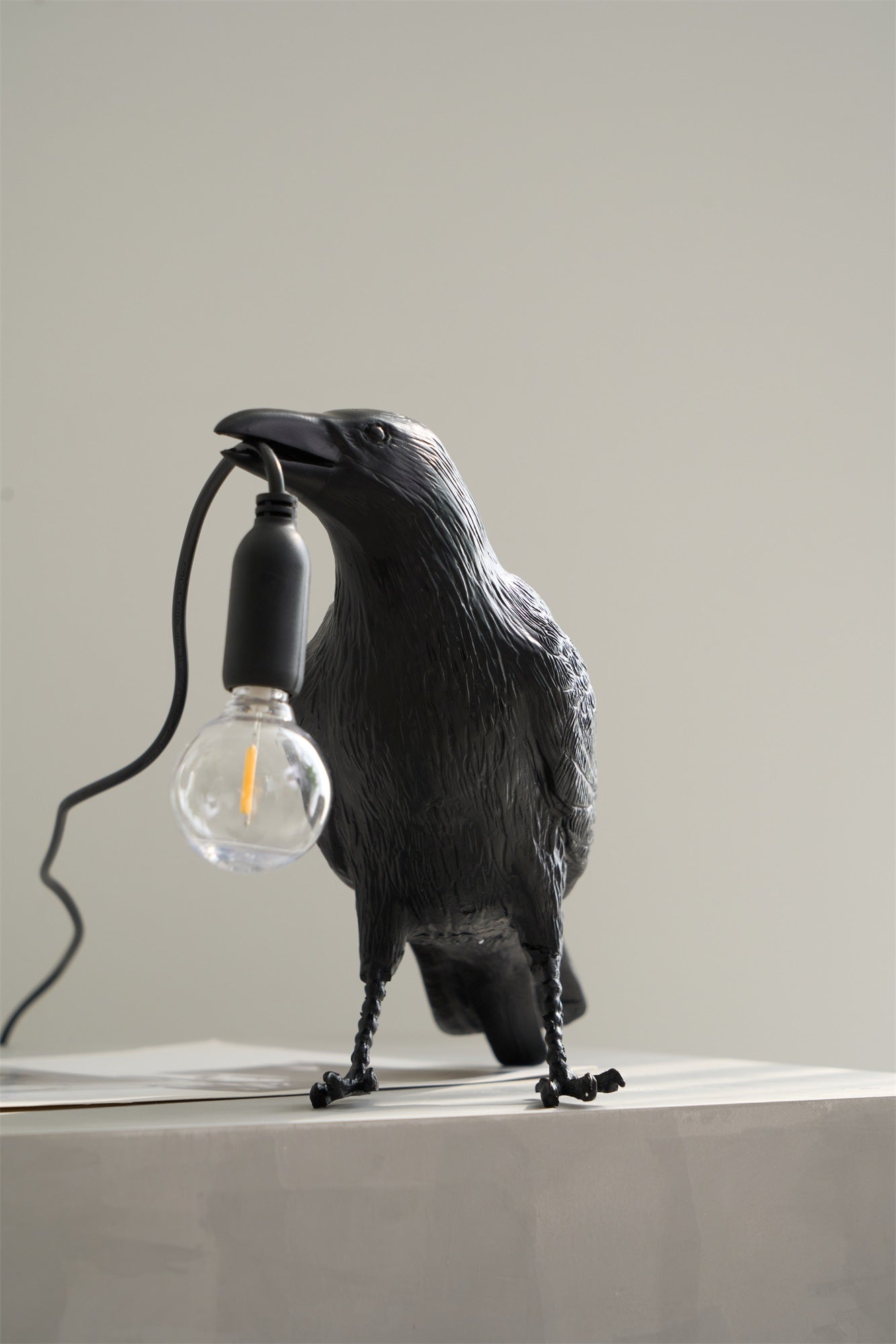 Black Resin Raven Lamp with Hanging LED Bulb