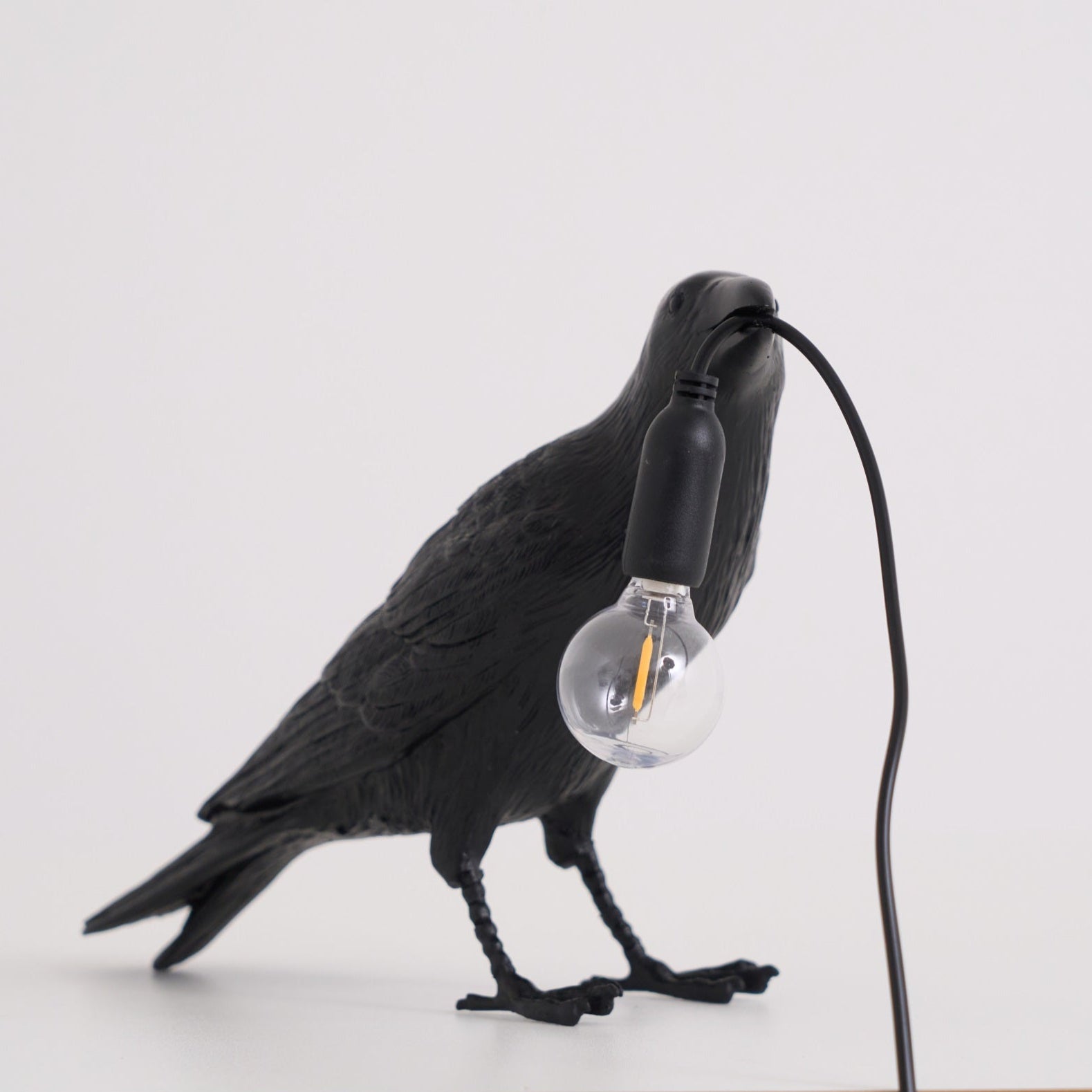 Black Resin Raven Lamp with Hanging LED Bulb