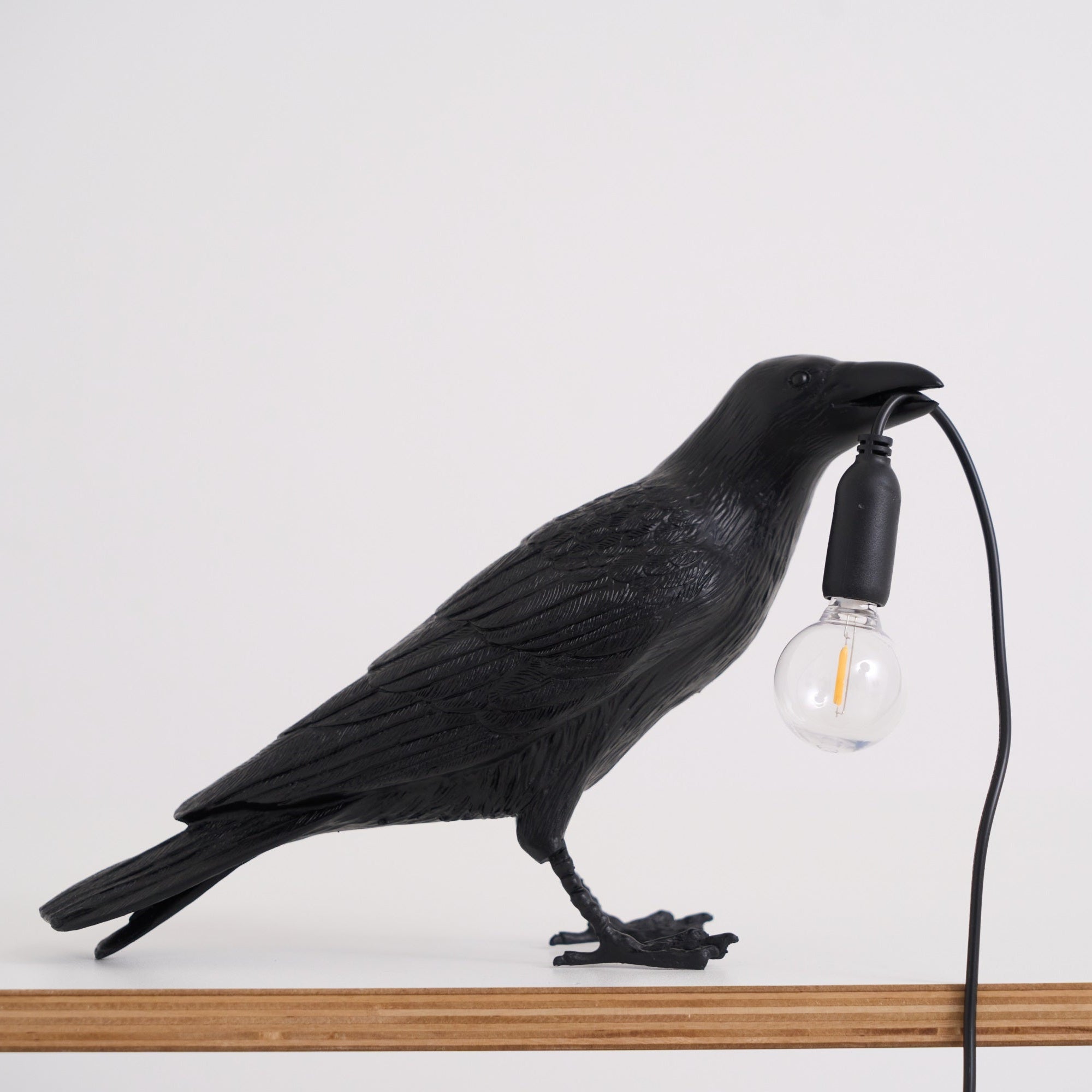 Black Resin Raven Lamp with Hanging LED Bulb