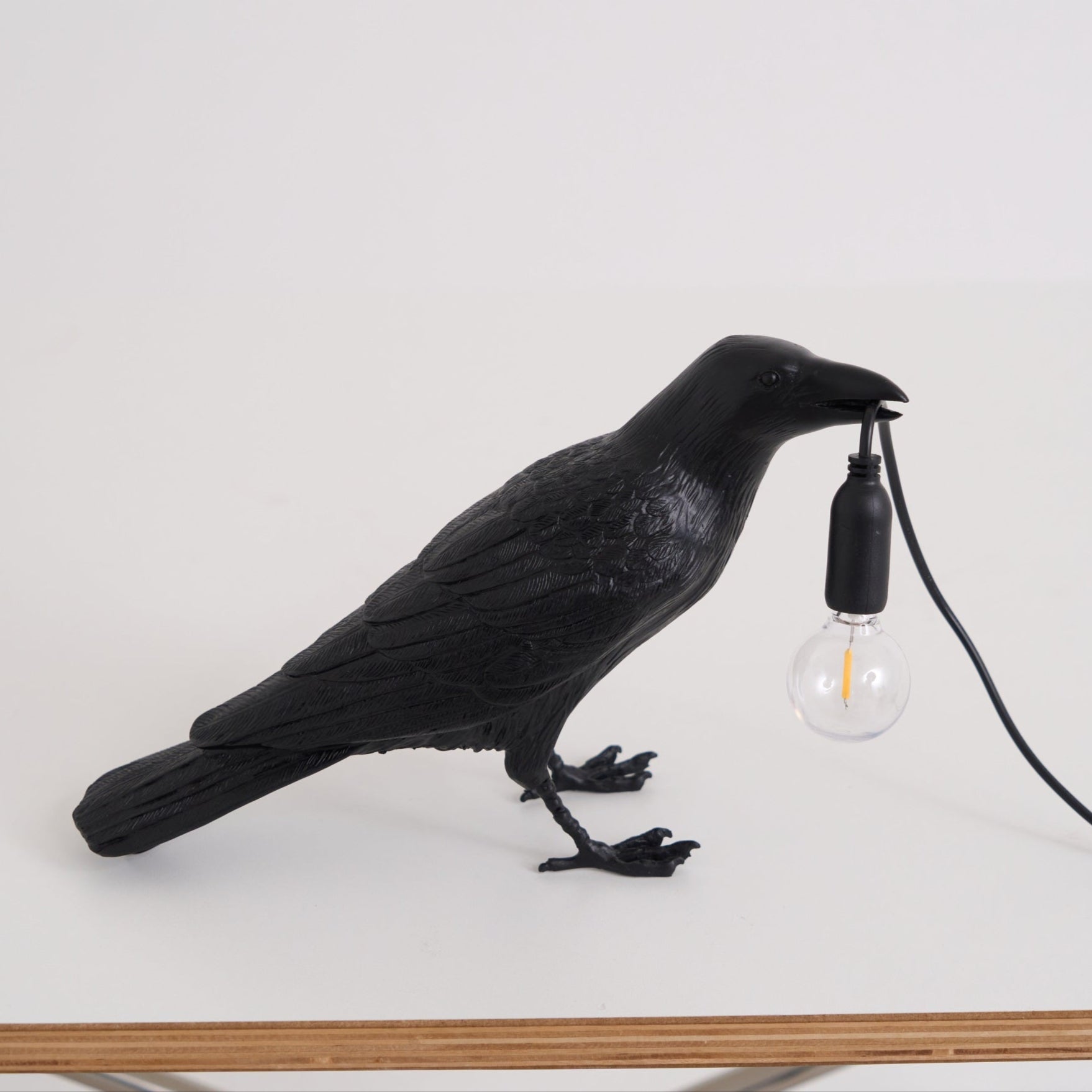 Black Resin Raven Lamp with Hanging LED Bulb