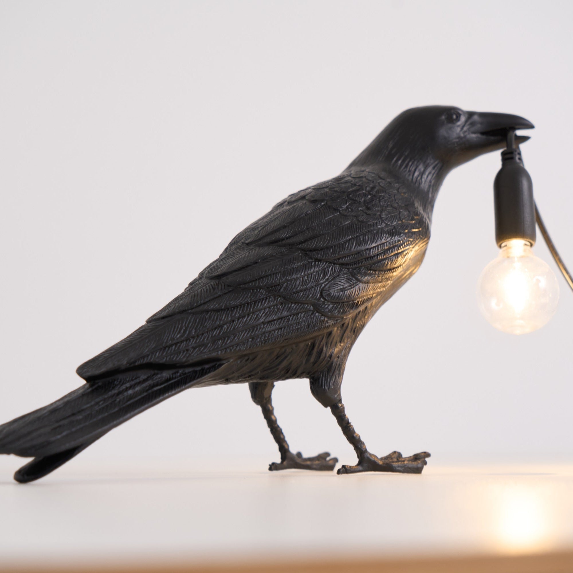 Black Resin Raven Lamp with Hanging LED Bulb