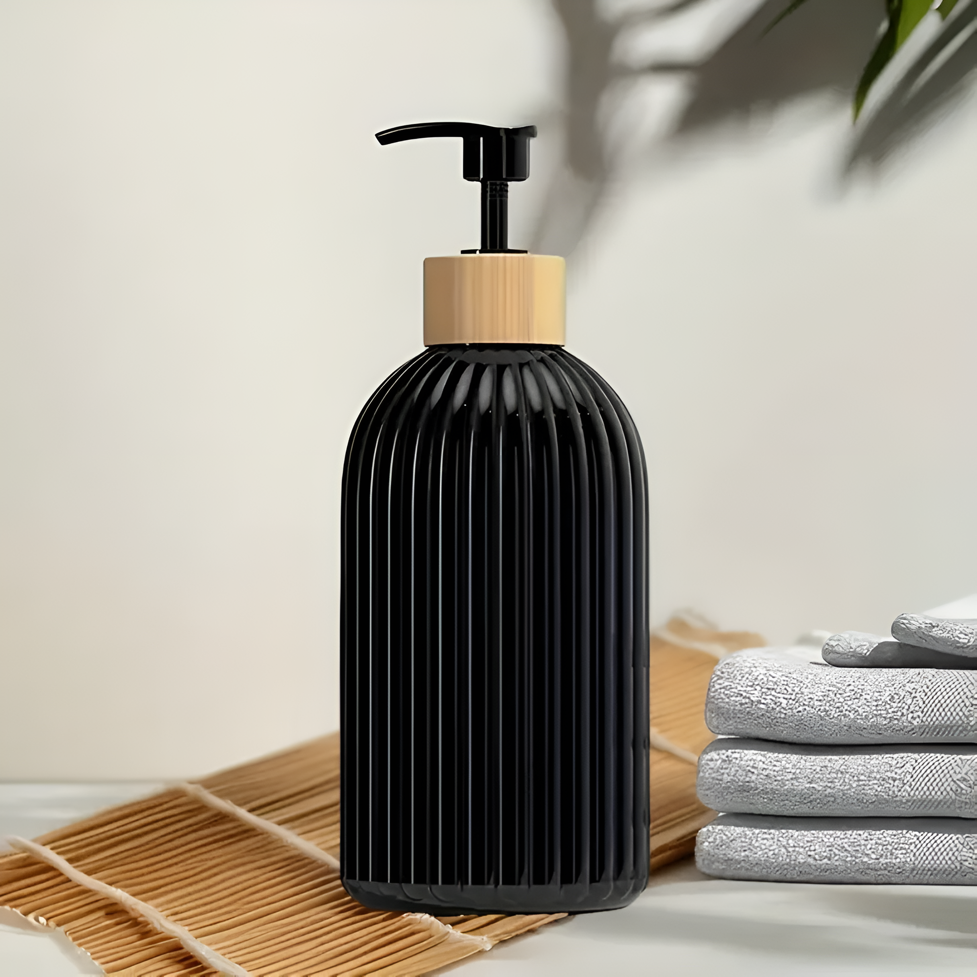 Black Ribbed Soap Dispenser with Bamboo Pump