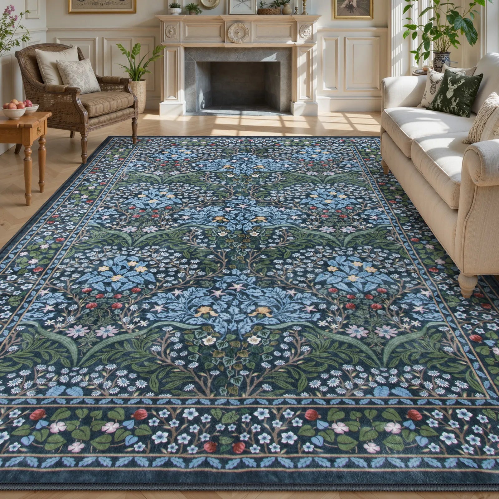 Blue Vintage Floral Rug with Non-Slip Backing