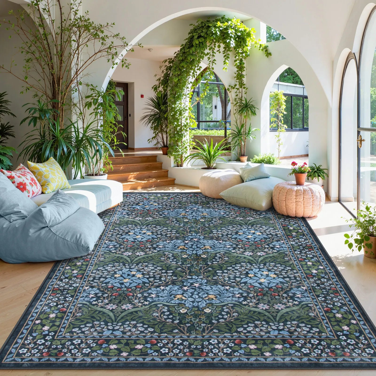 Blue Vintage Floral Rug with Non-Slip Backing