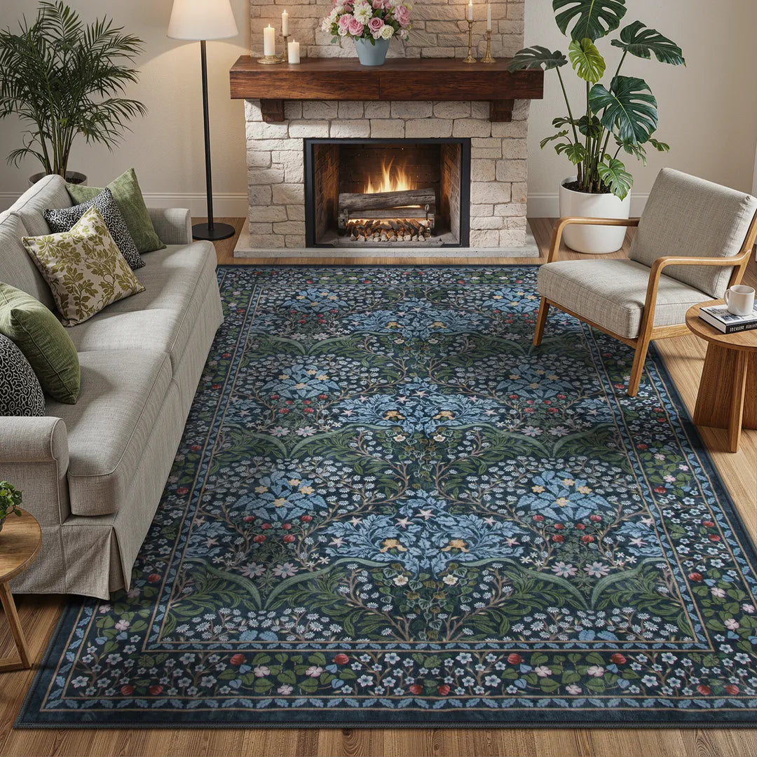 Blue Vintage Floral Rug with Non-Slip Backing