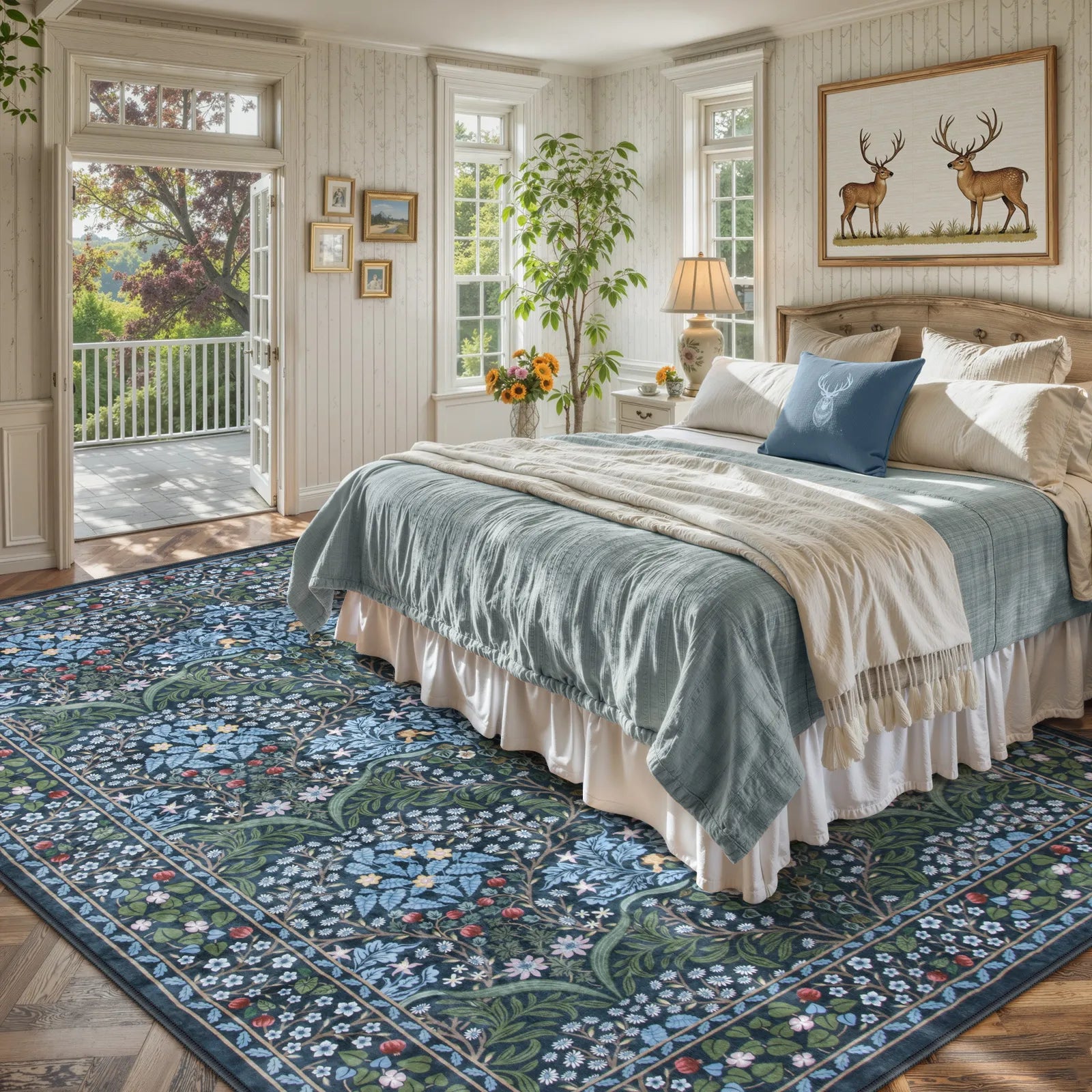 Blue Vintage Floral Rug with Non-Slip Backing