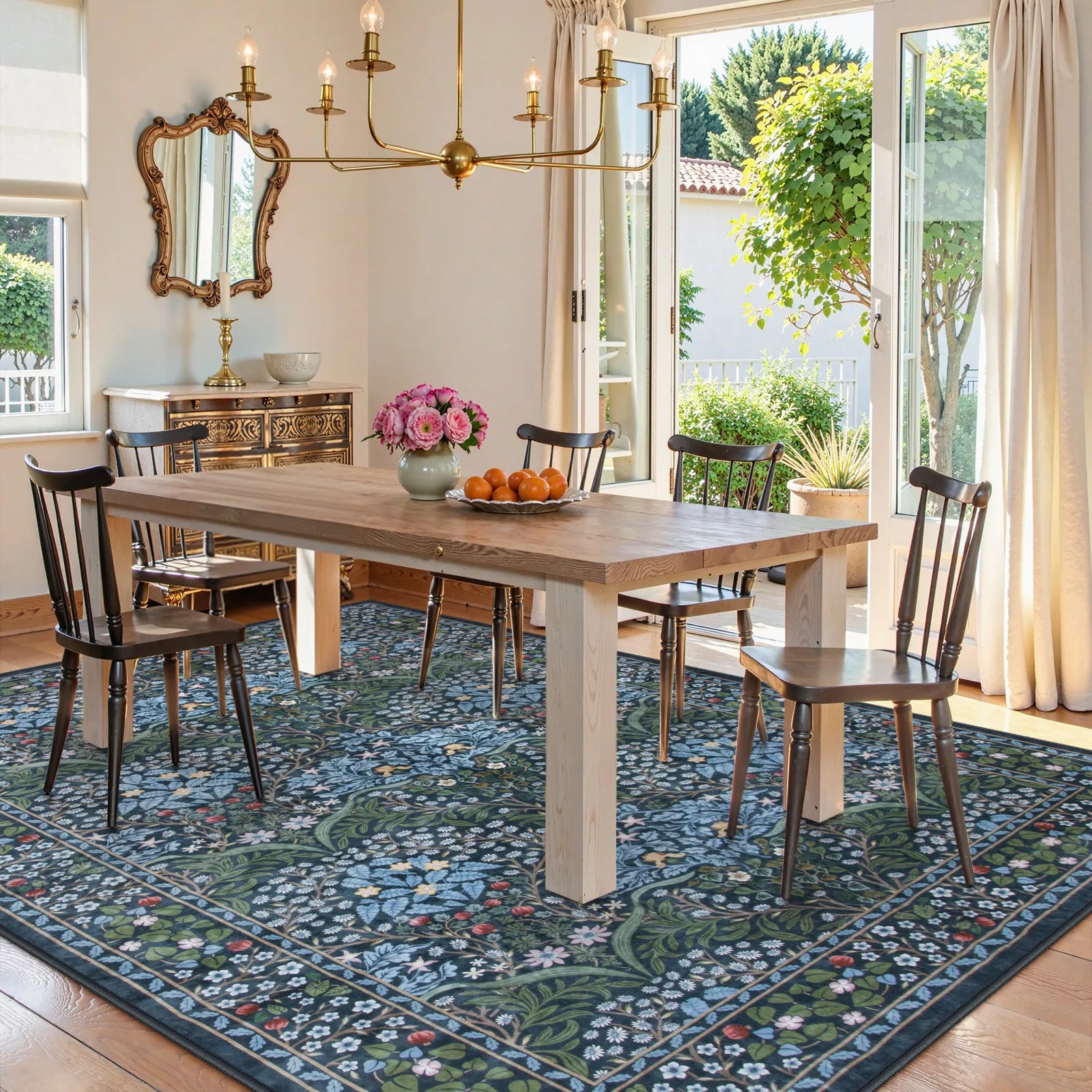 Blue Vintage Floral Rug with Non-Slip Backing