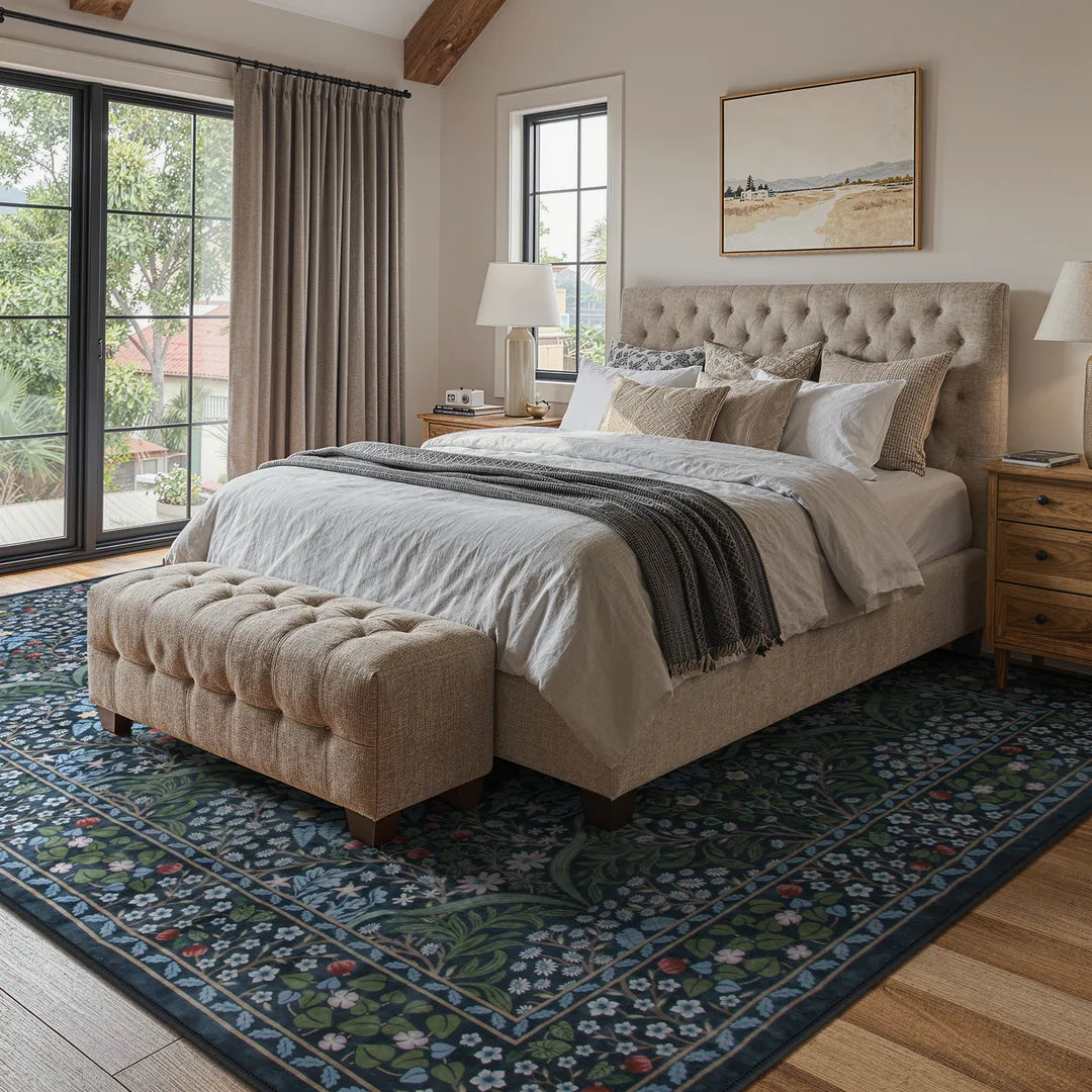 Blue Vintage Floral Rug with Non-Slip Backing