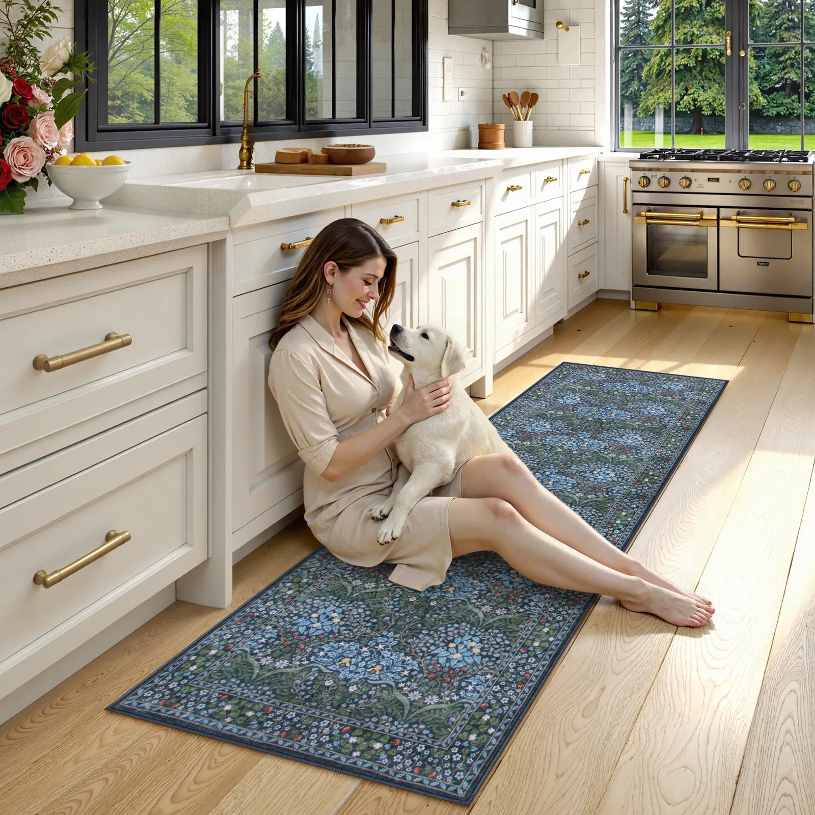Blue Vintage Floral Rug with Non-Slip Backing