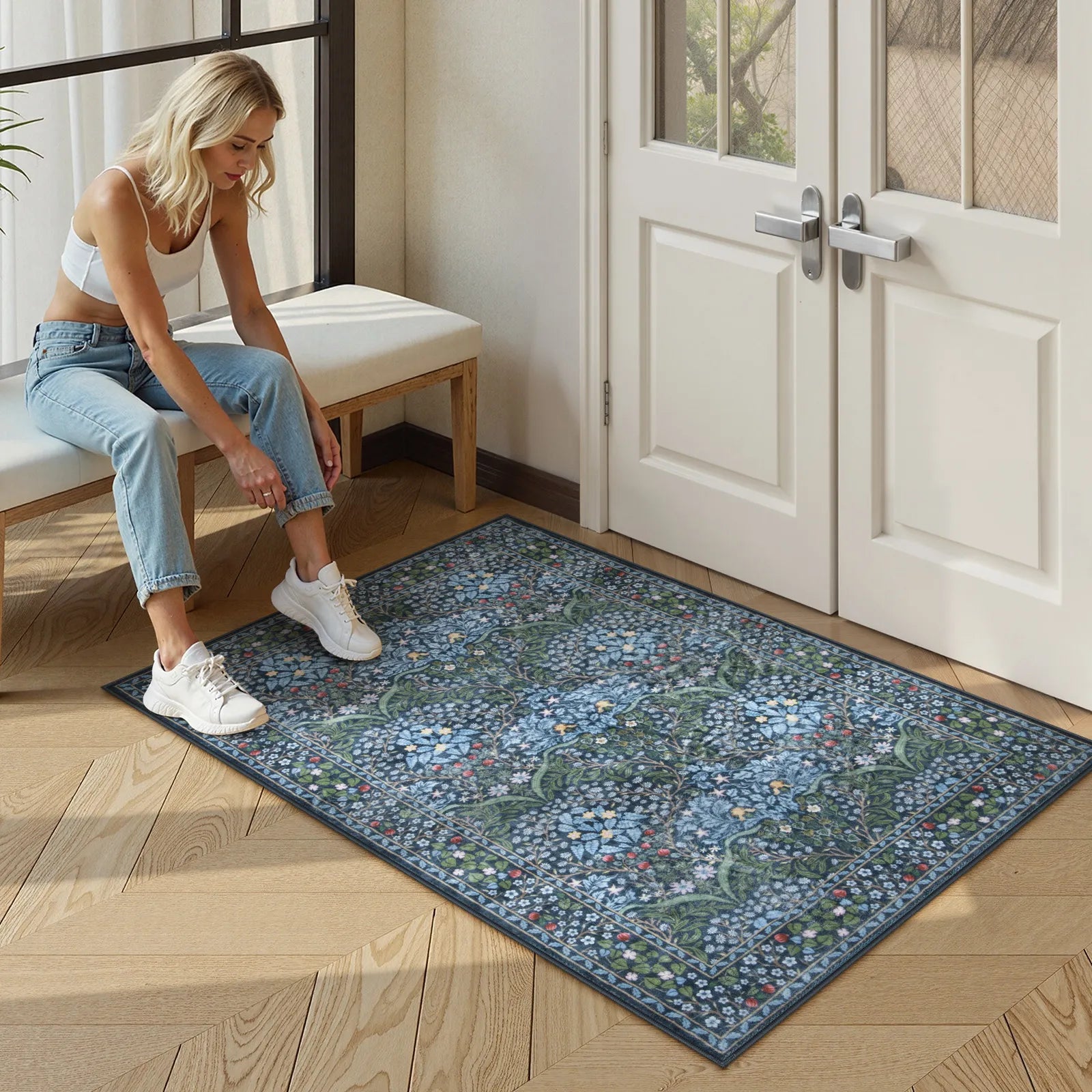 Blue Vintage Floral Rug with Non-Slip Backing