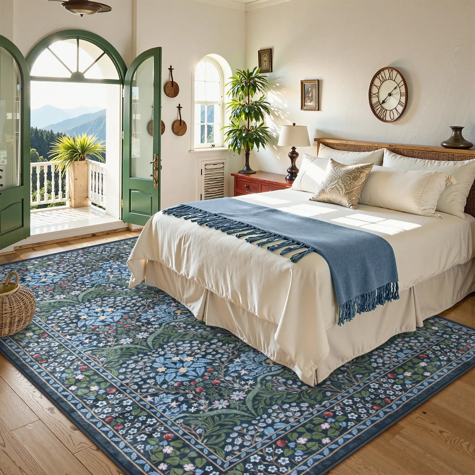 Blue Vintage Floral Rug with Non-Slip Backing