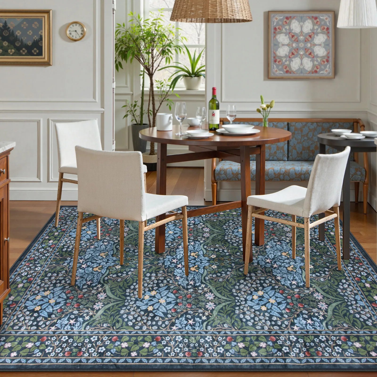 Blue Vintage Floral Rug with Non-Slip Backing