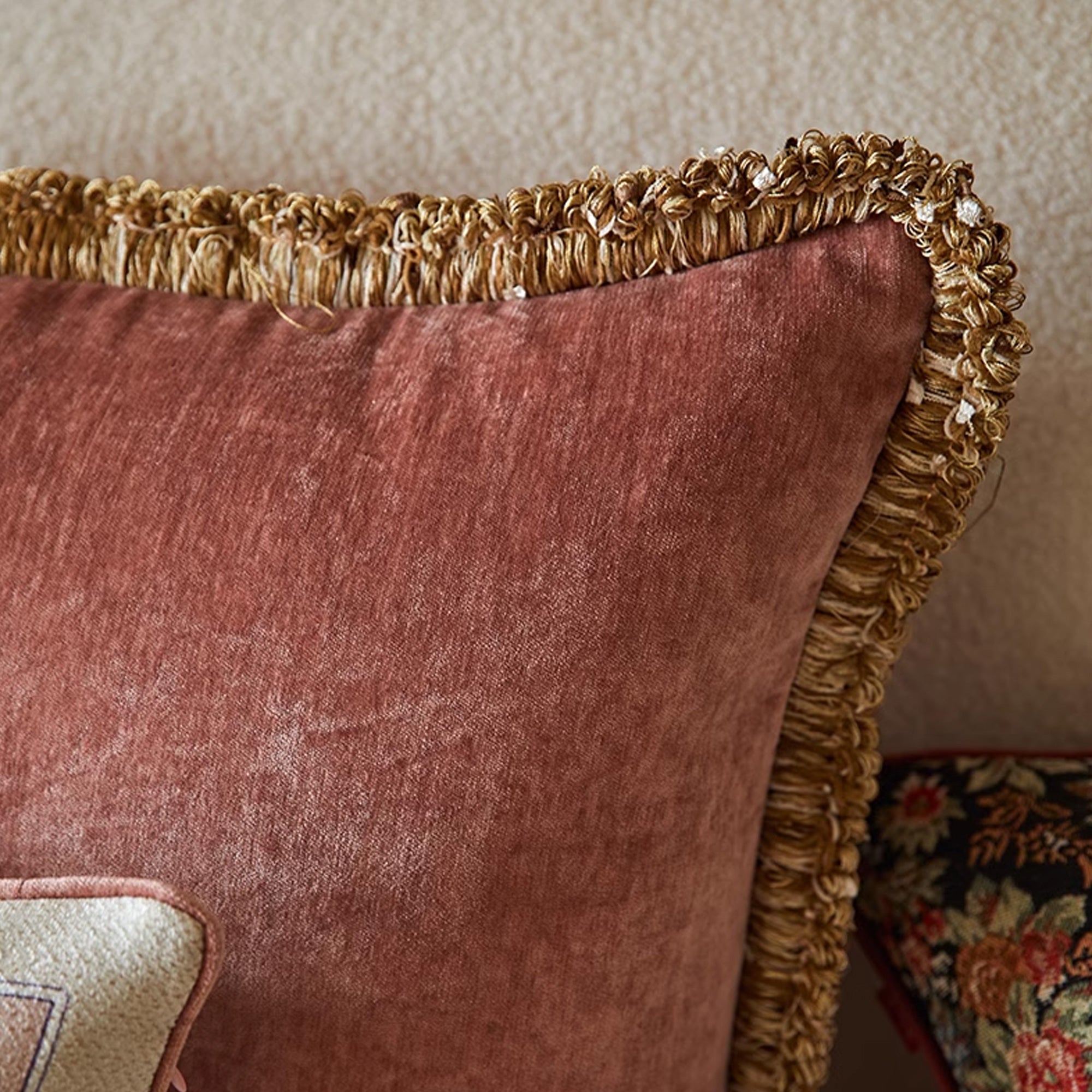Blush Velvet Pillow Cover with Gold Fringe