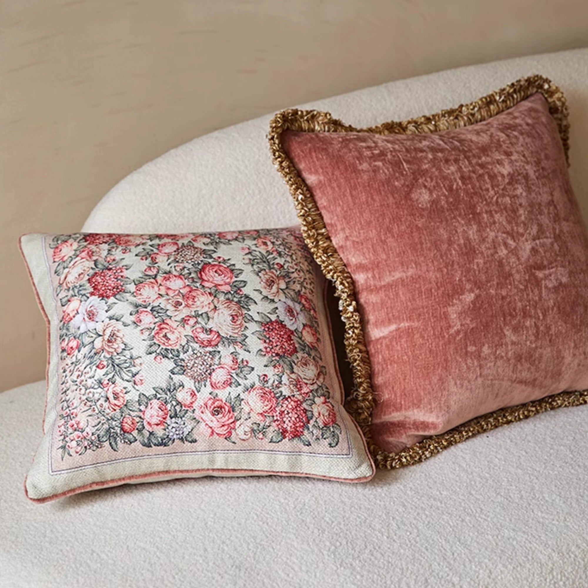 Blush Velvet Pillow Cover with Gold Fringe