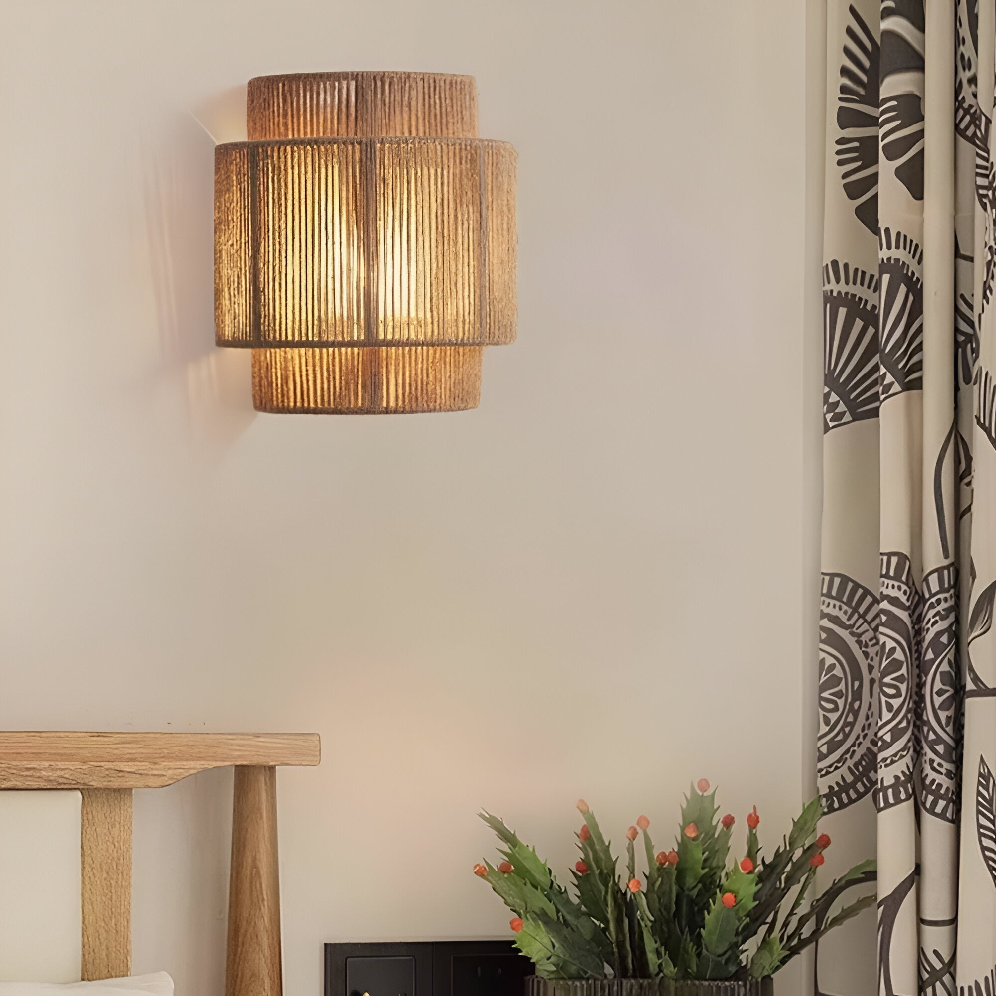 Boho Hemp Rope Wall Sconce with Layered Shade