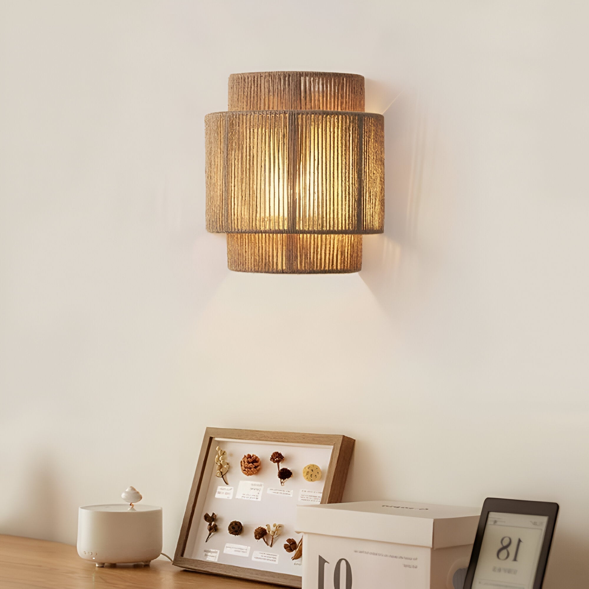 Boho Hemp Rope Wall Sconce with Layered Shade