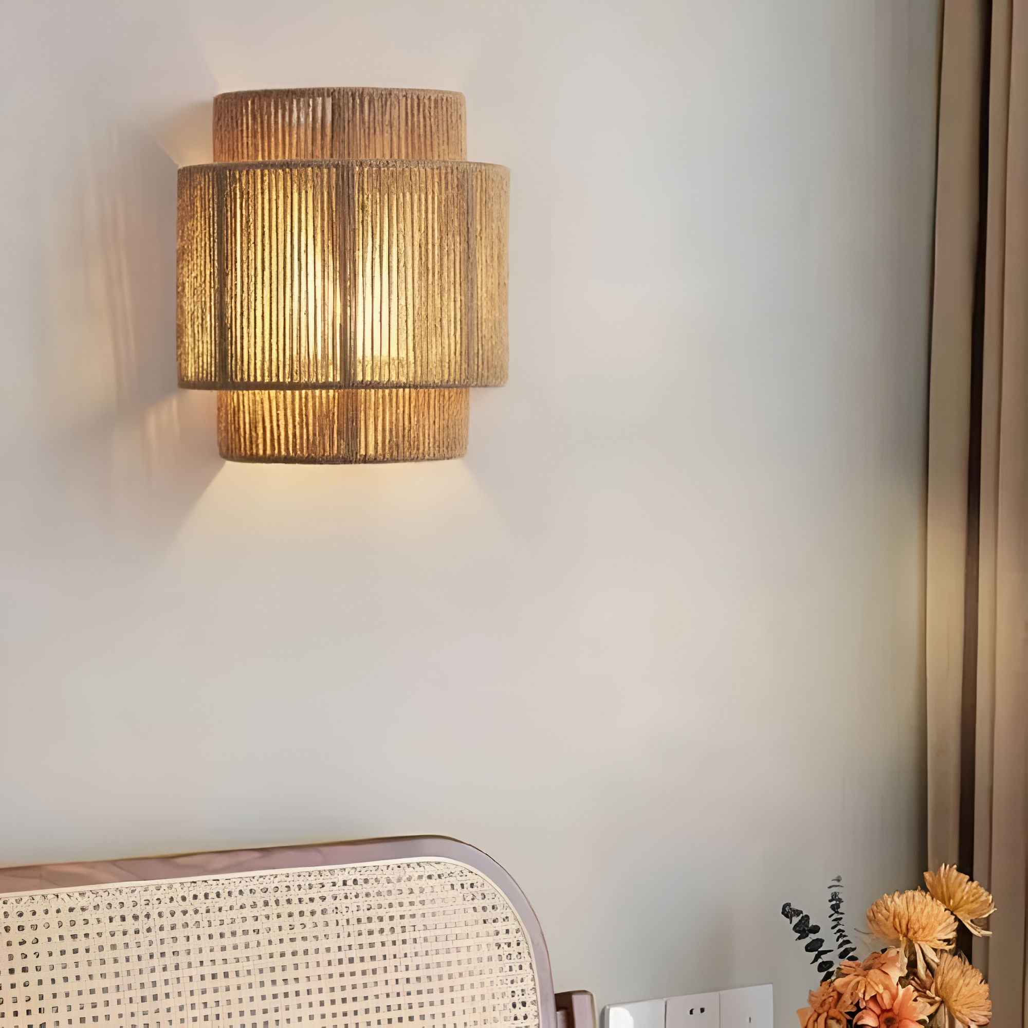 Boho Hemp Rope Wall Sconce with Layered Shade
