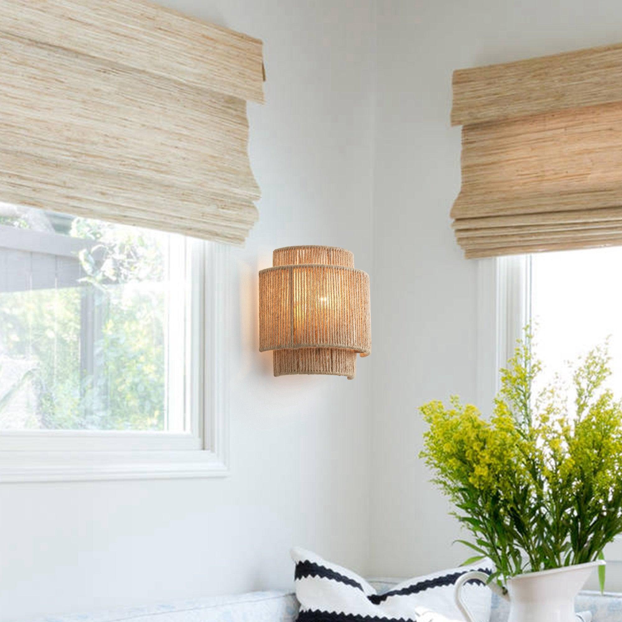 Boho Hemp Rope Wall Sconce with Layered Shade