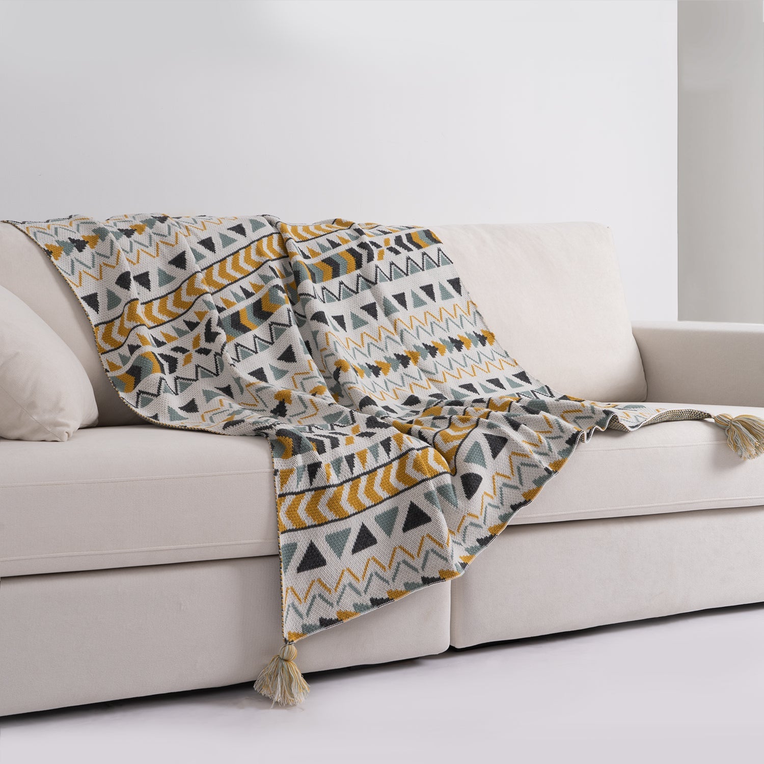 Boho Tribal Throw Blanket with Corner Tassels