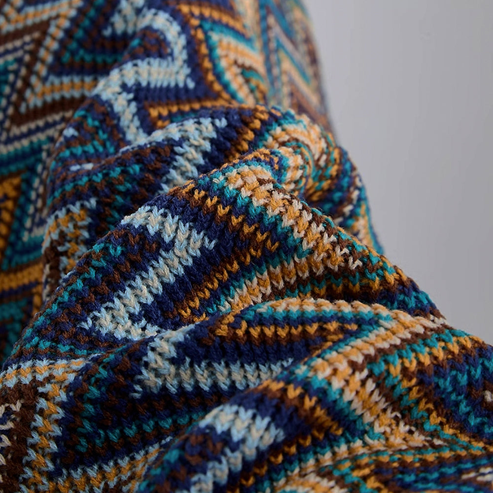 Boho Zigzag Knit Throw Blanket with Fringe